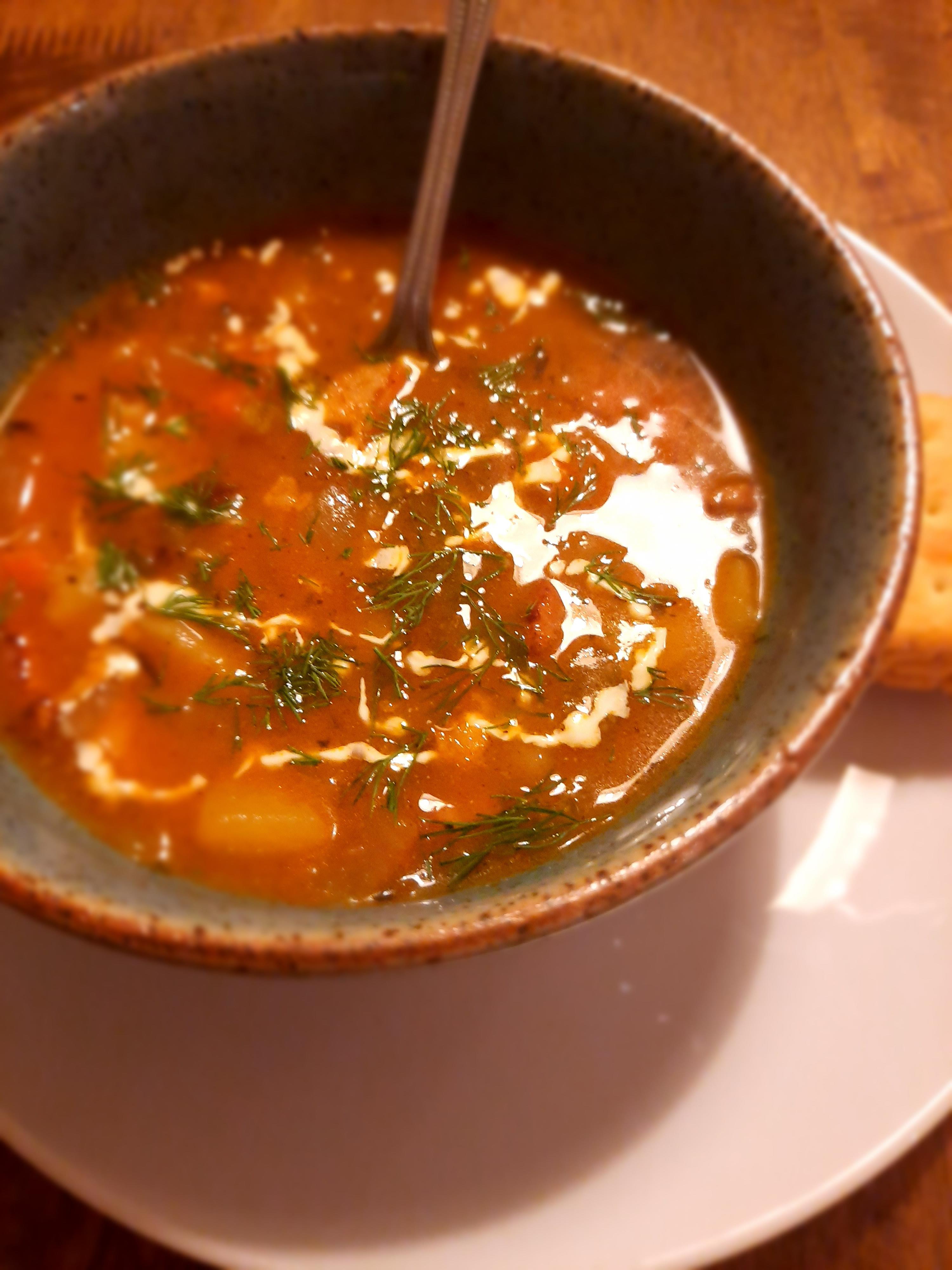 Homemade pancetta and vegetable soup with dill and fresh cream Dining