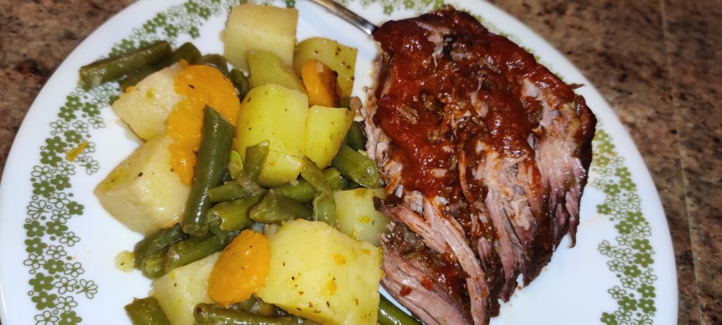 Boneless short ribs, slow and low, 48 hours @ 160° topped with bbq sauce, broiled 5 minutes