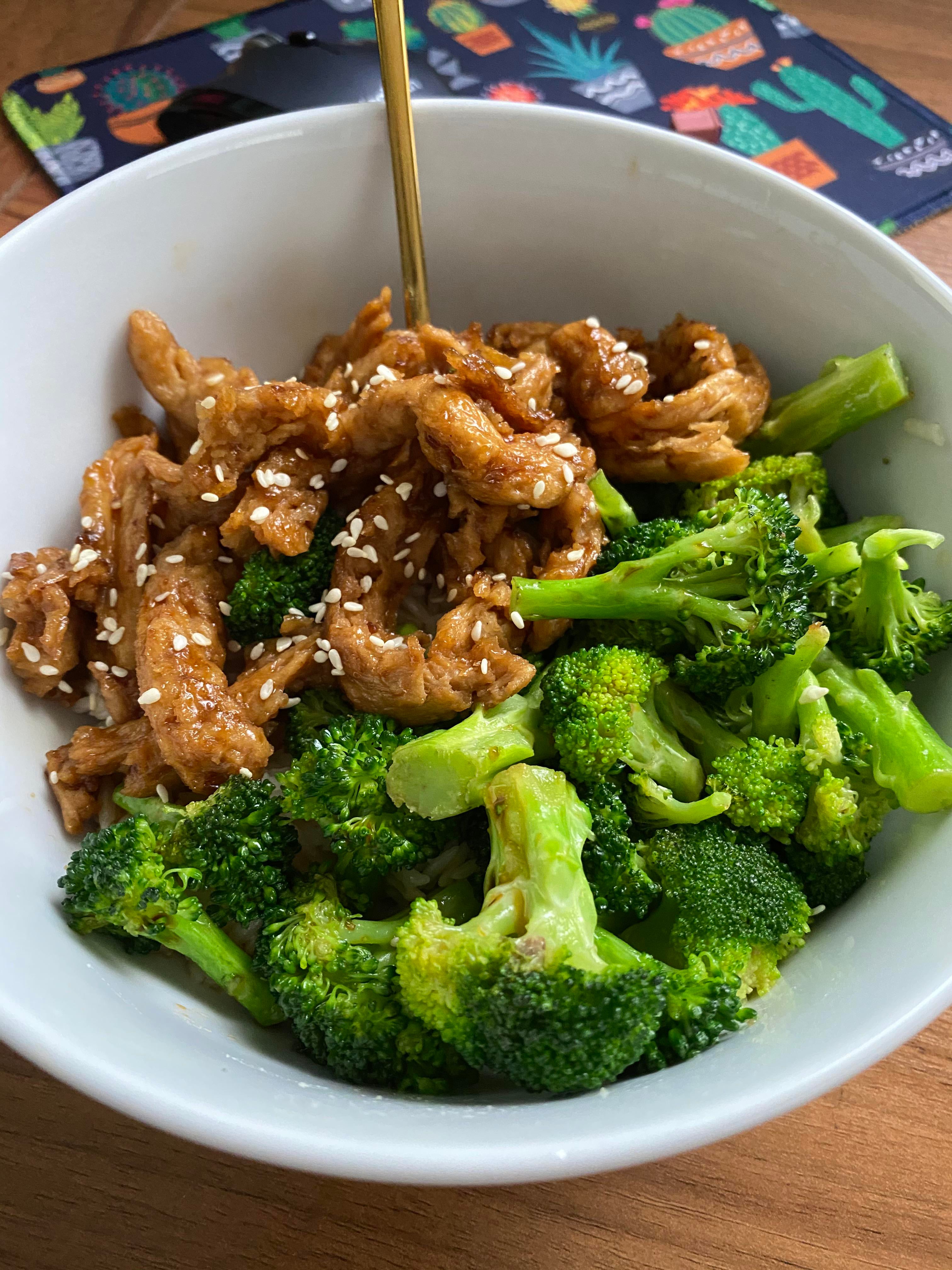 Ginger “beef” soy curls with broccoli and jasmine rice Dining and Cooking
