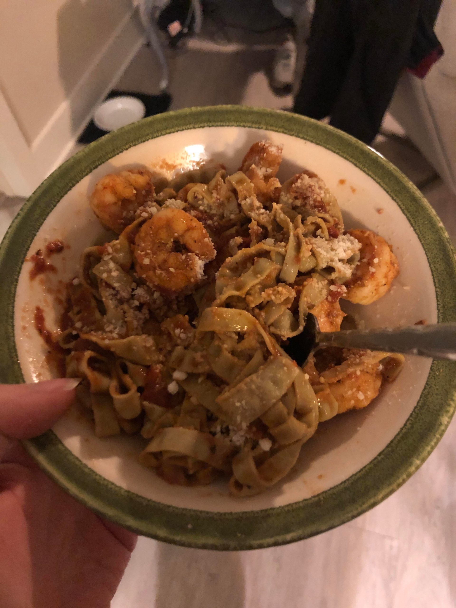 Mung bean and edamame pasta with shrimp and marinara sauce. 300