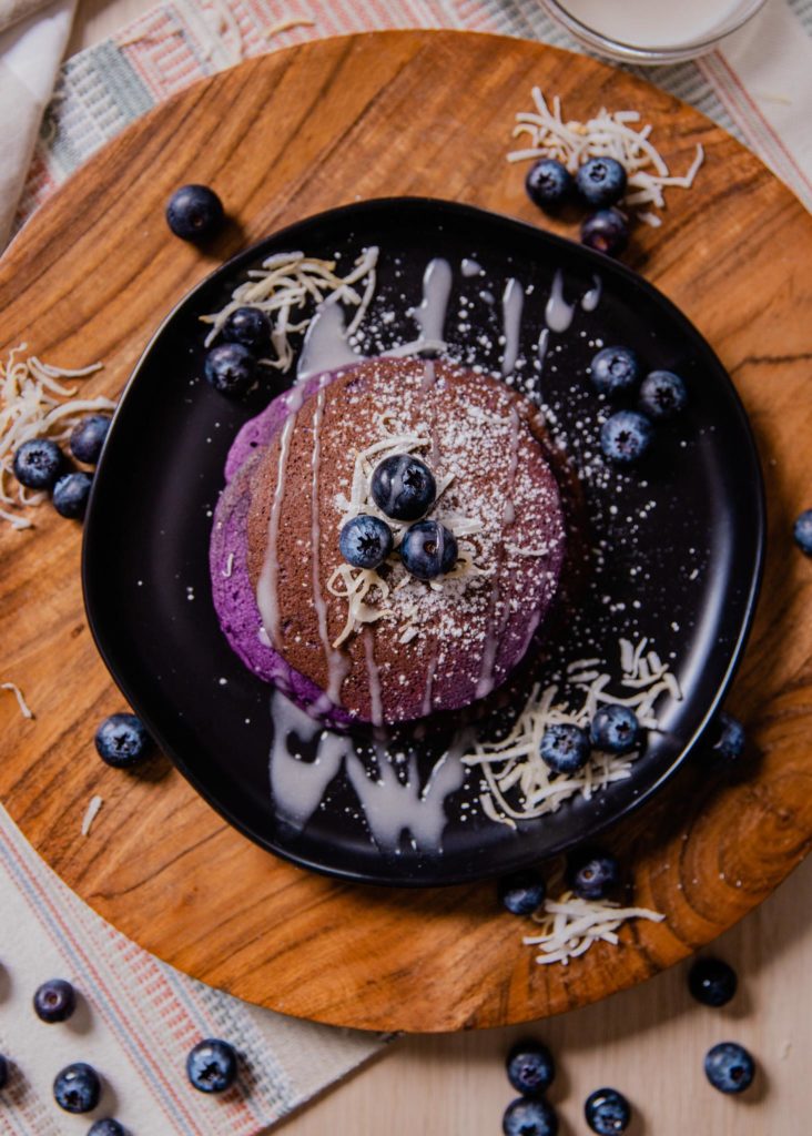 Vegan Ube Pancakes w/Coconut Almond Glaze