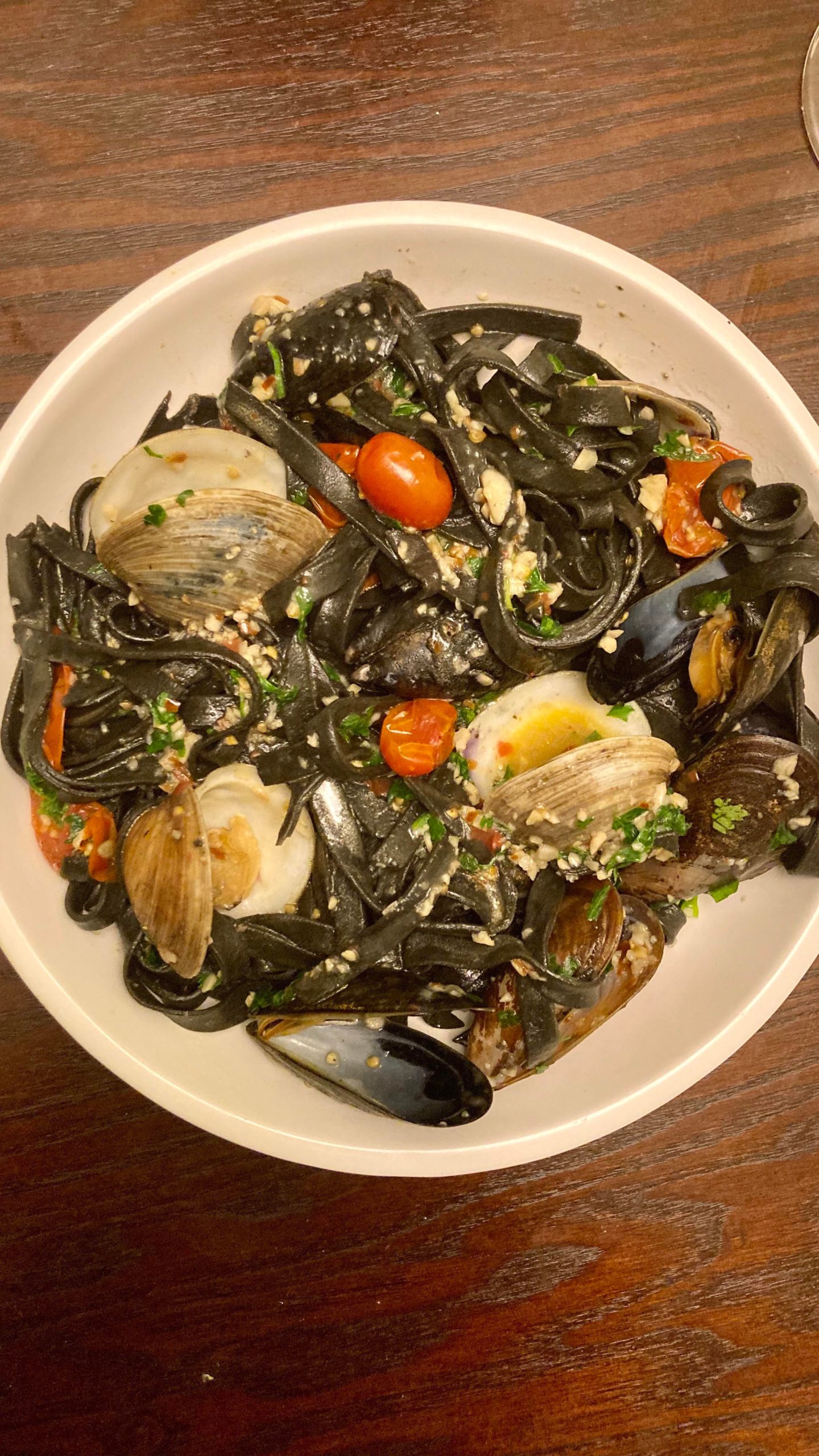 Spicy squid ink linguine with mussels and clams Dining and Cooking
