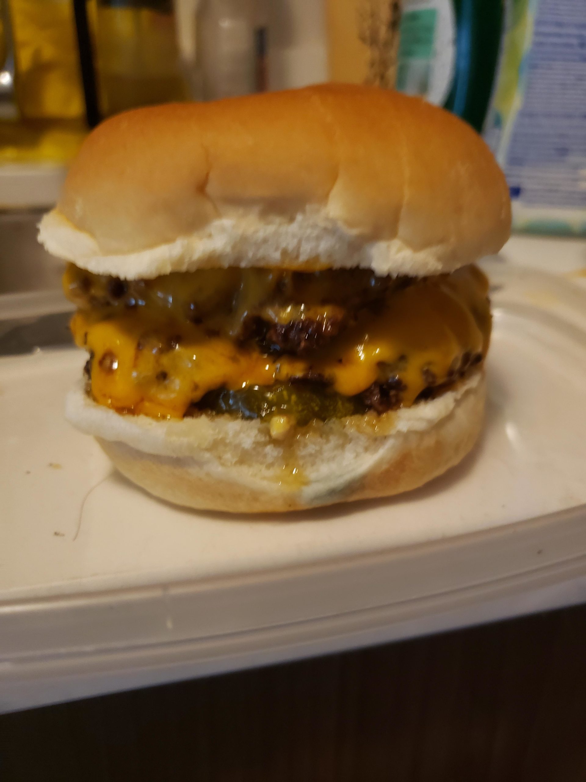 Double Smash Burger with Aged Cheddar, Pickles, Onions, Mayo, Dijon