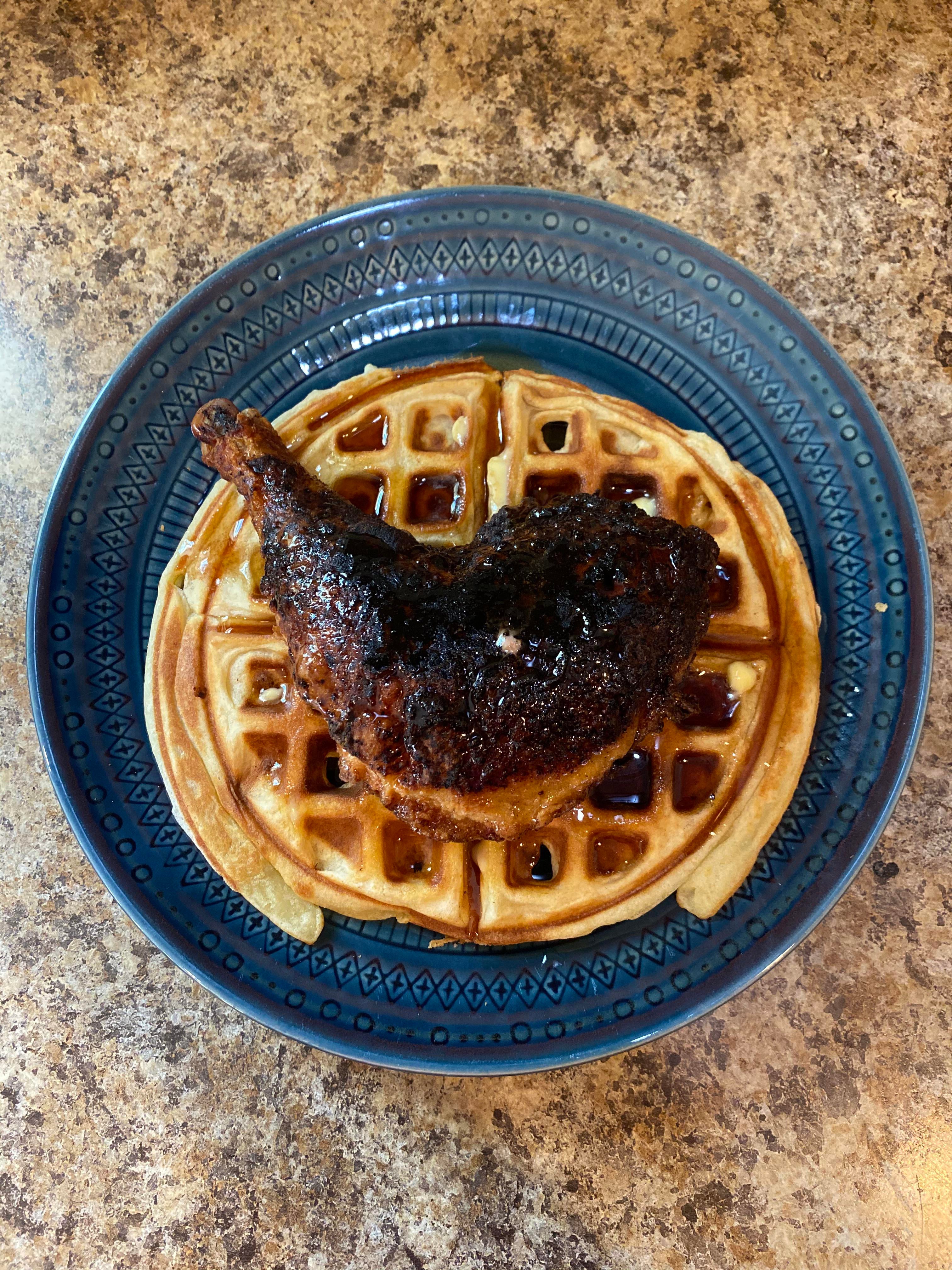 making chicken and waffles at