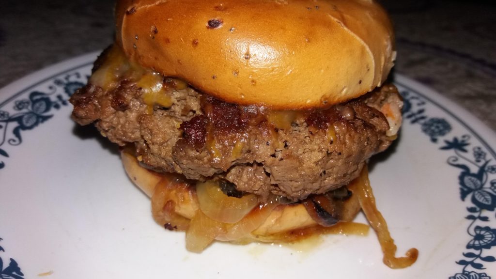 Ground beef with dried onions mixed in. Sauteed onions on an onion bagel. I like onions.