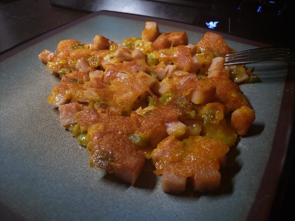 1am snack: Spam, cheese, yellow mustard, pickled jalapenos