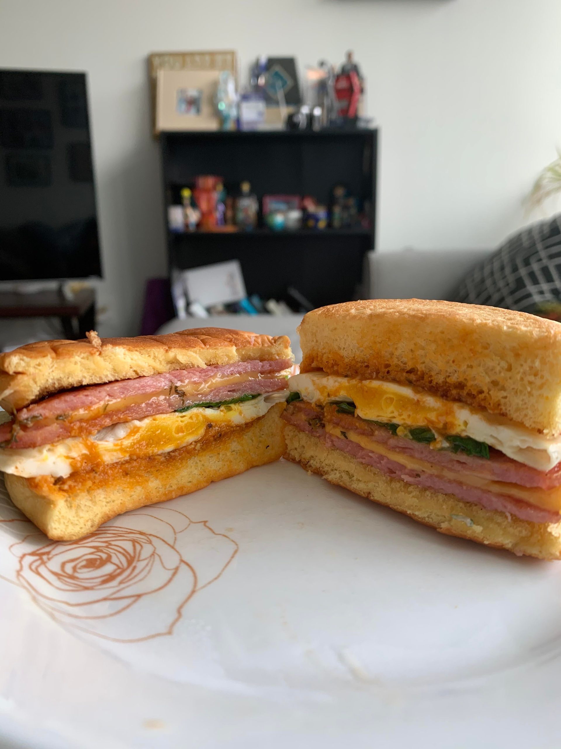 Taylor ham, egg, cheese on a martins bun with leftover butter chicken ...