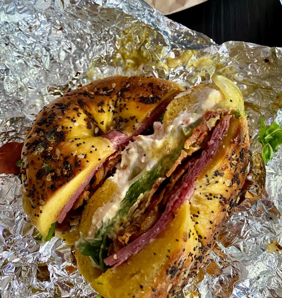 salami, pickles, cream cheese - oh my! steamed on an egg everything bagel 🙃