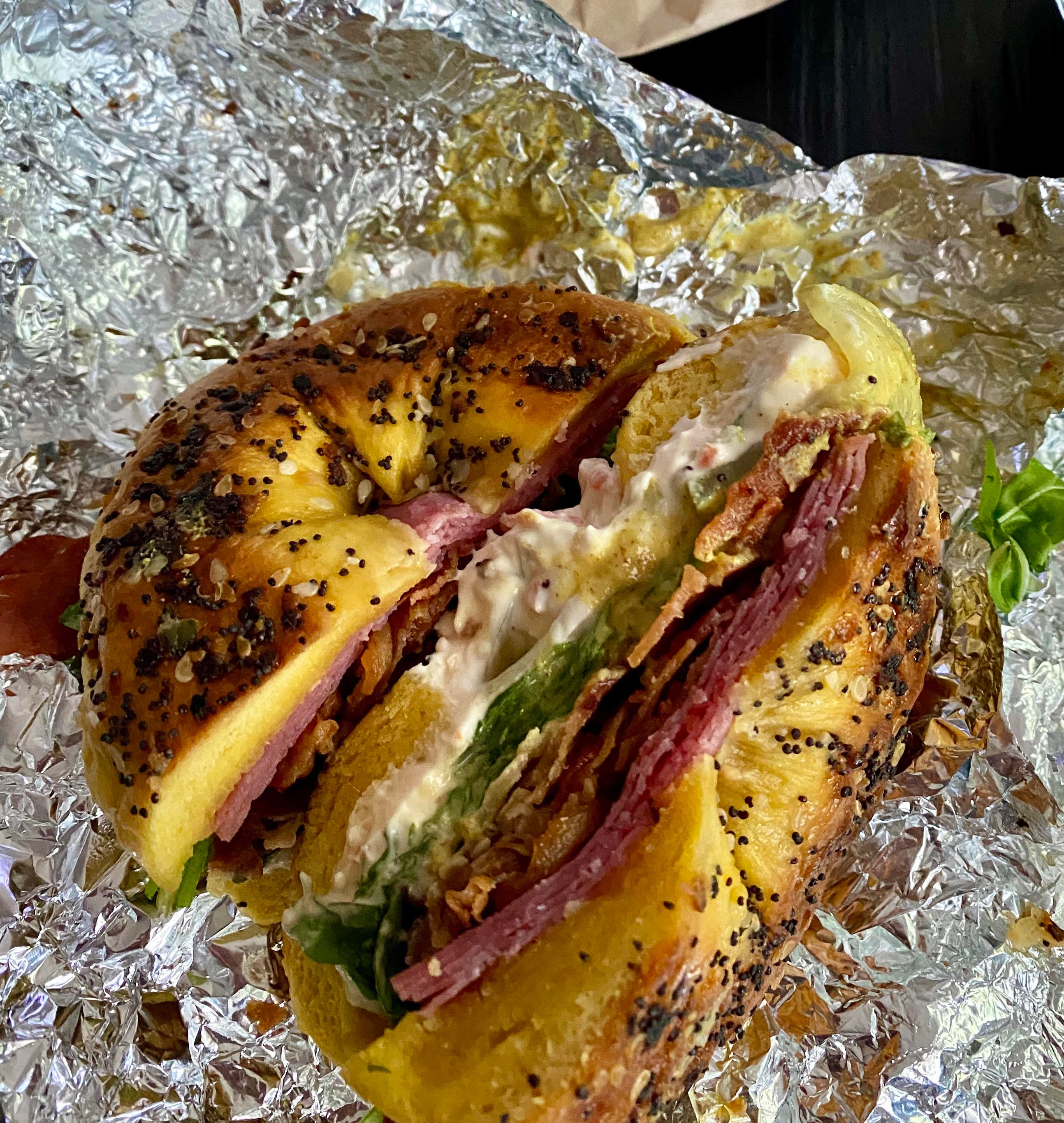salami, pickles, cream cheese oh my! steamed on an egg everything