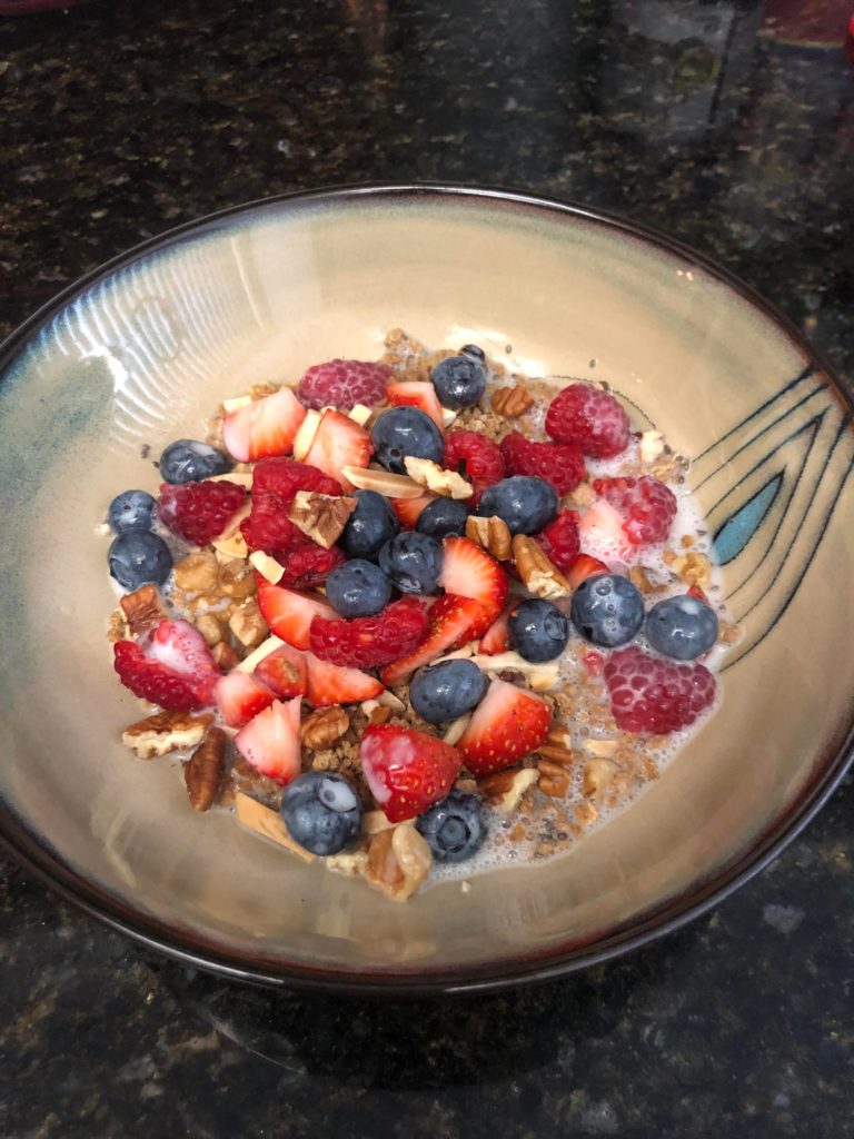 Grape Nuts! One of my favorite things for breakfast or lunch. With berries, nuts, and almond milk.
