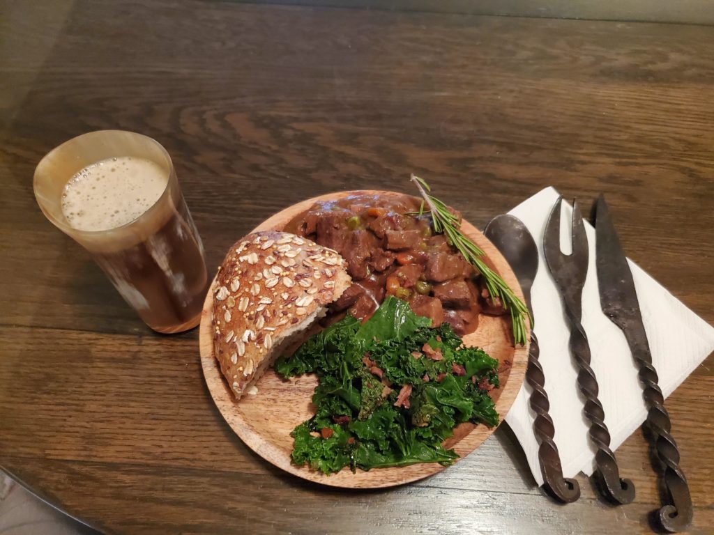 Viking beef stew with kale and rustic bread