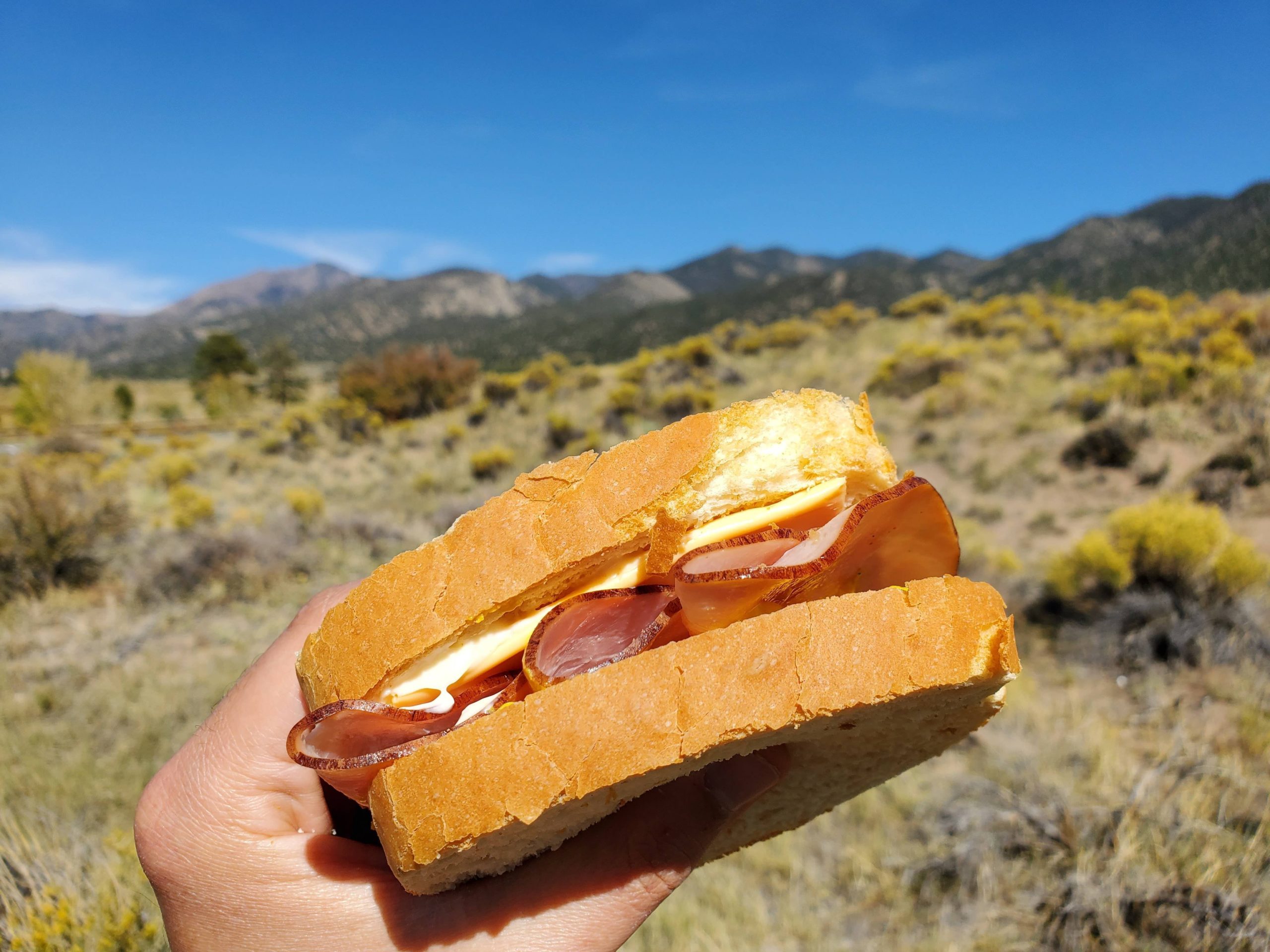 Ham, cheese, mayo, mustard, pickles on white in the Colorado mountains