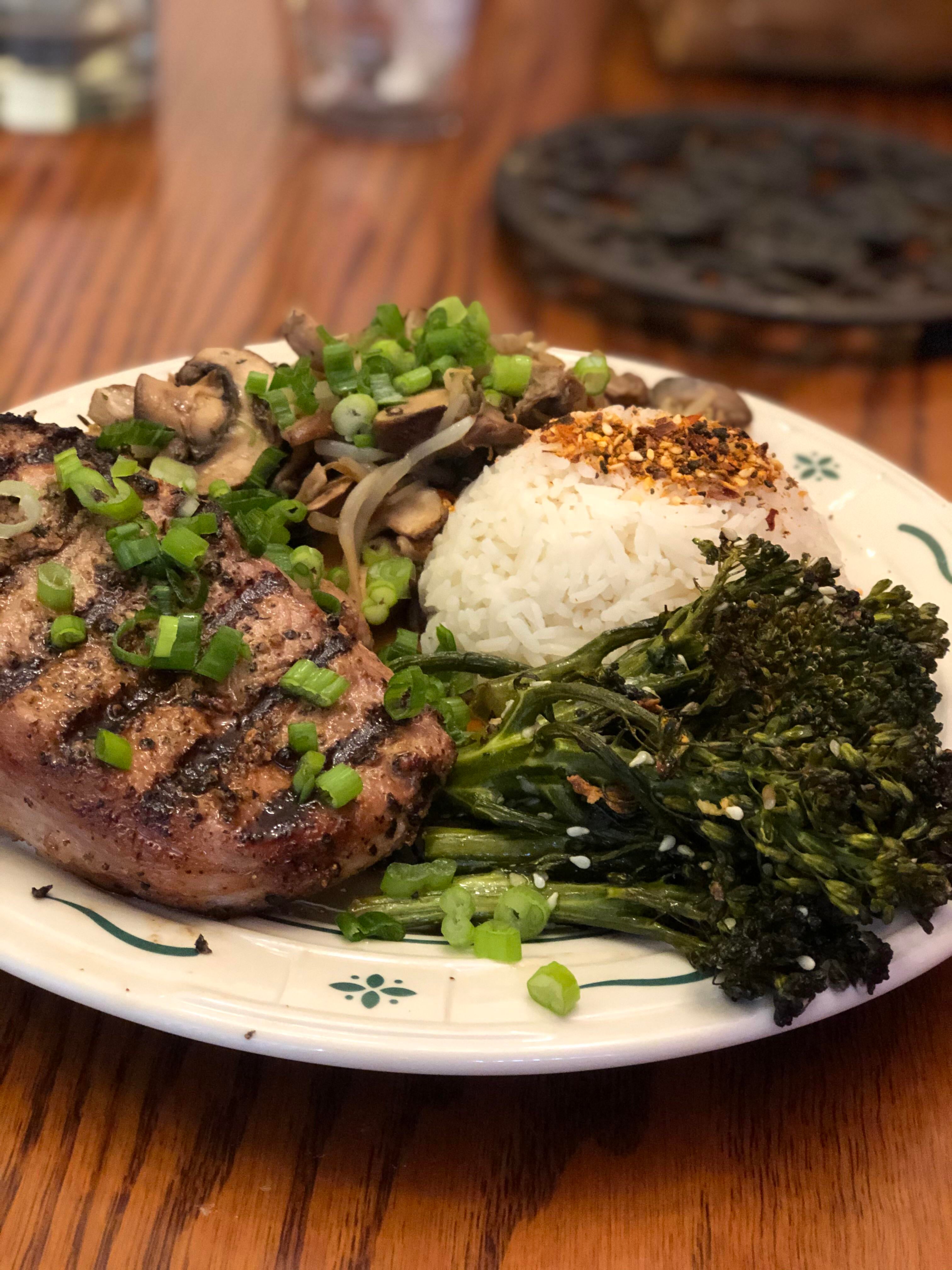 Teriyaki Pork Chop, Roasted Broccolini, Sautéed Mushrooms & Bean