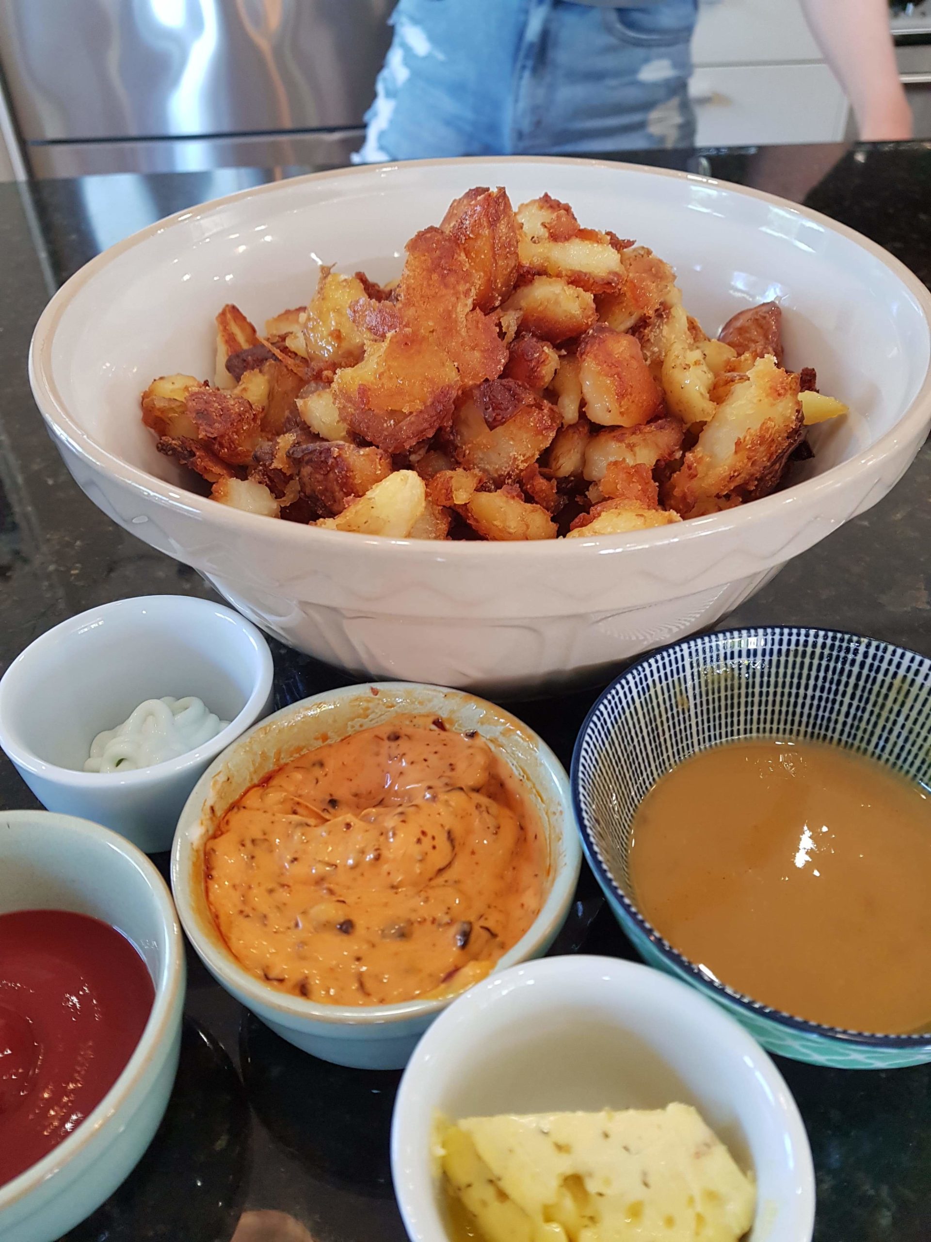 Duck Fat Potatoes with Honey Mustard, Chili Mayo, Garlic butter, Wasabi