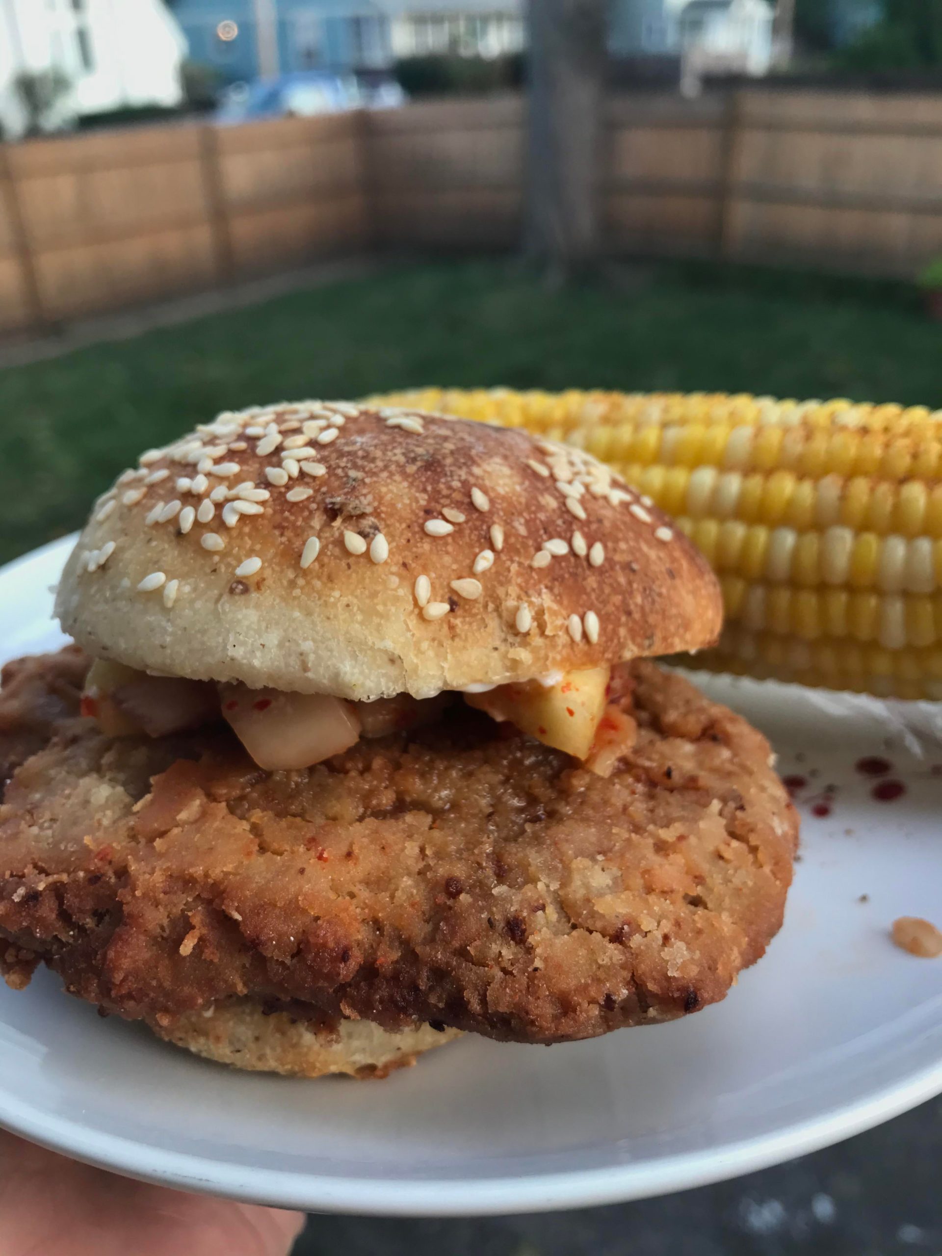 “Korean Fried Chicken” seitan burger. W/ a cucumberkimchi relish