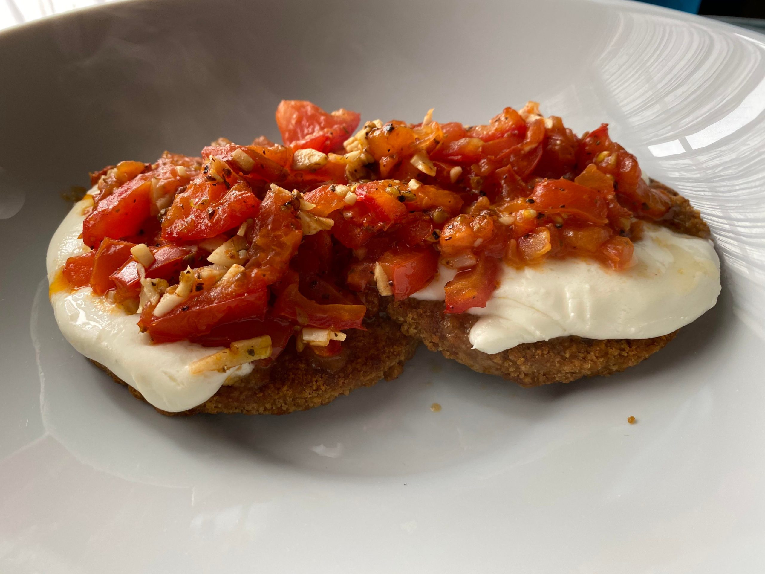 ‘Chick’n’ parm with spicy boca patties & roasted garlic tomatoes