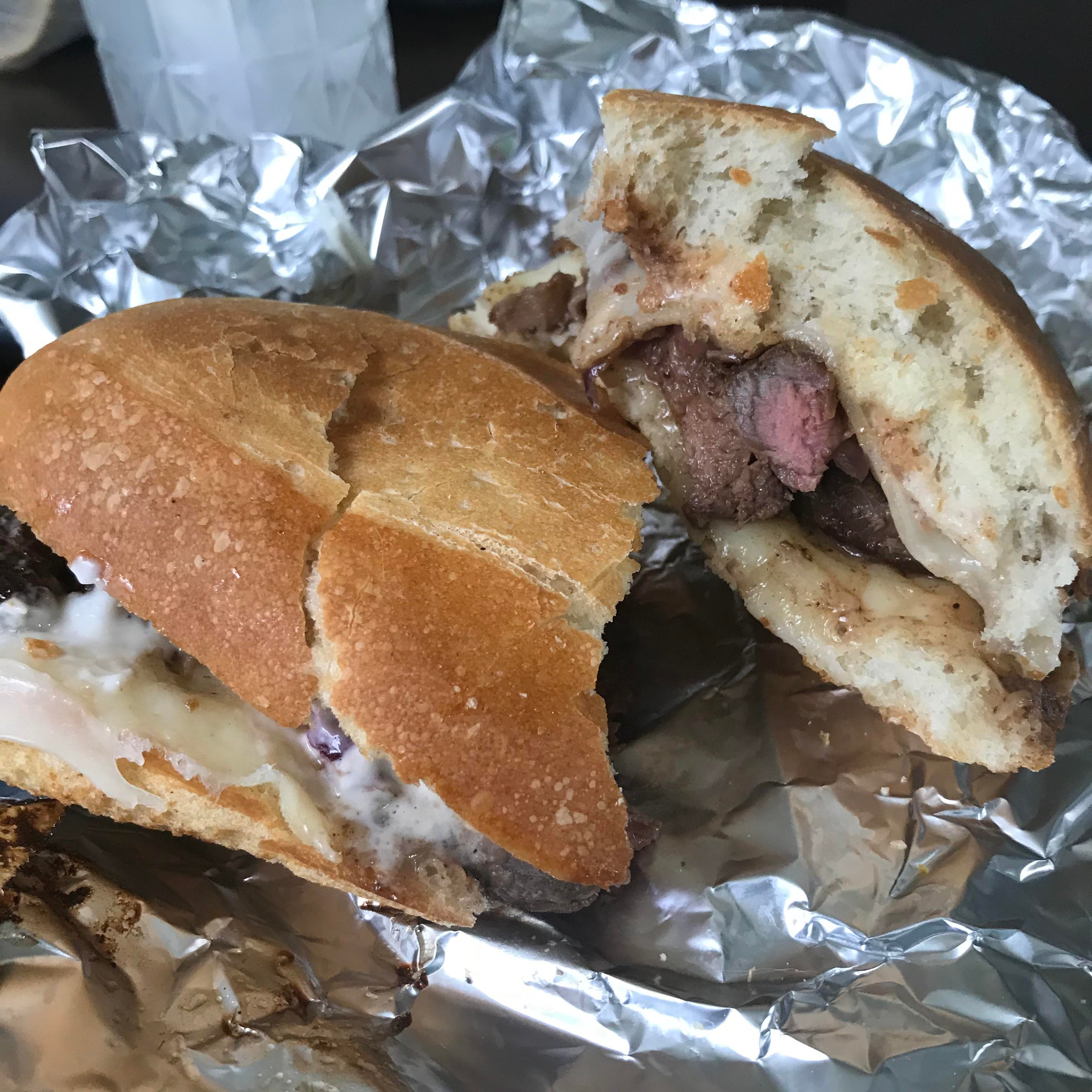 Bad photo, but here’s a steak sandwhich I made for lunch. Provolone