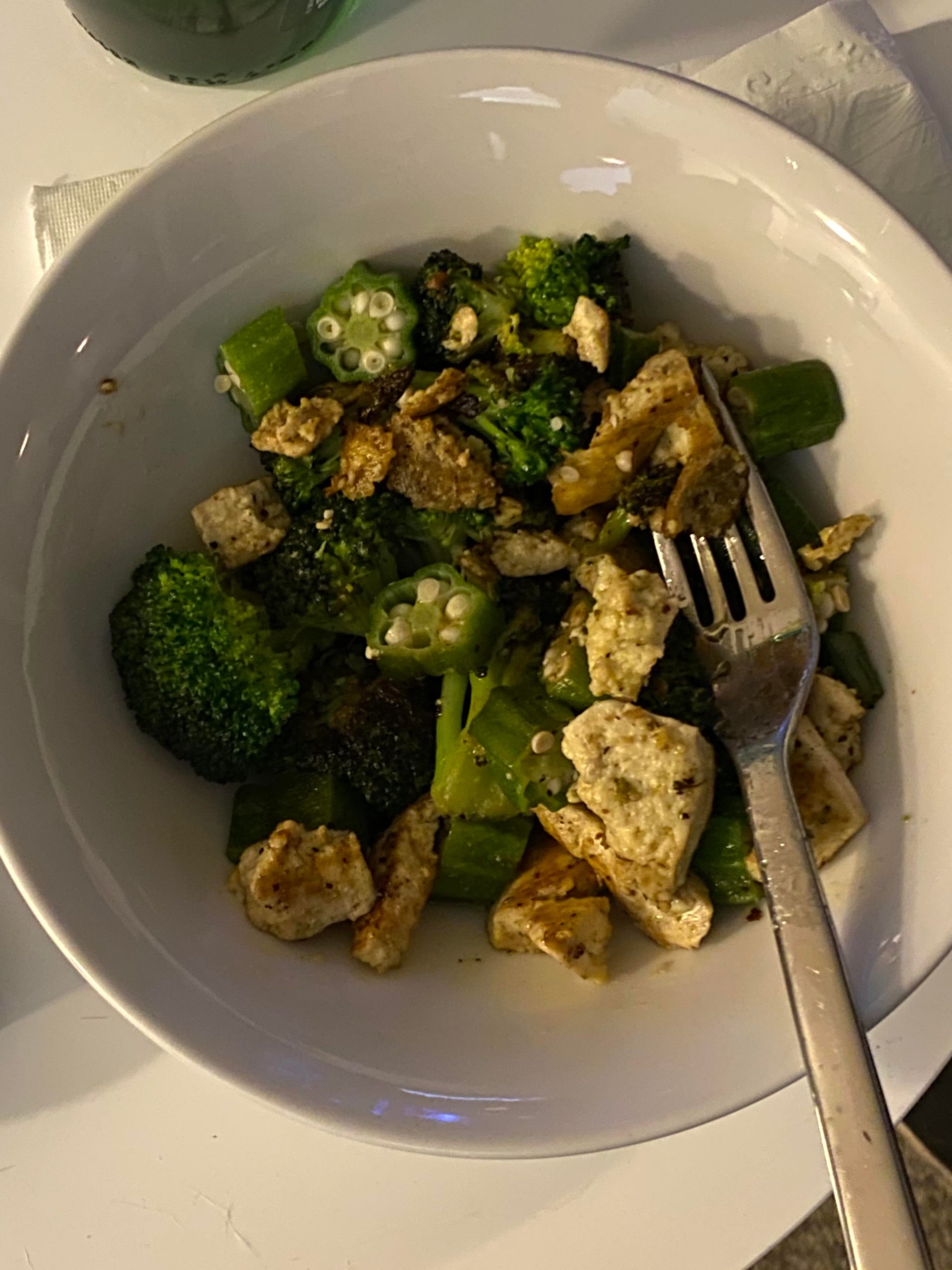 Grapeseed oil fried tofu with okra, avocado and broccoli Dining and