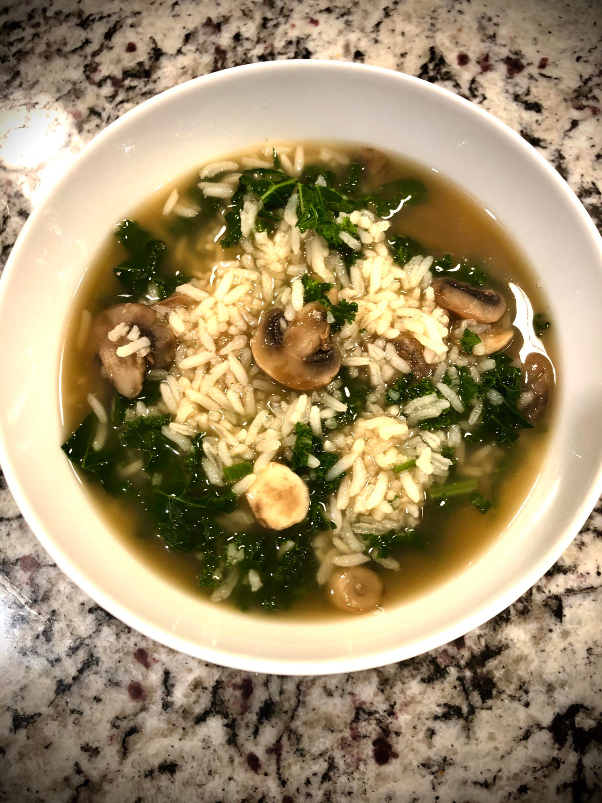 5ingredient mushroom 🍄 broth soup, with veggie broth, rice, greens 🥬