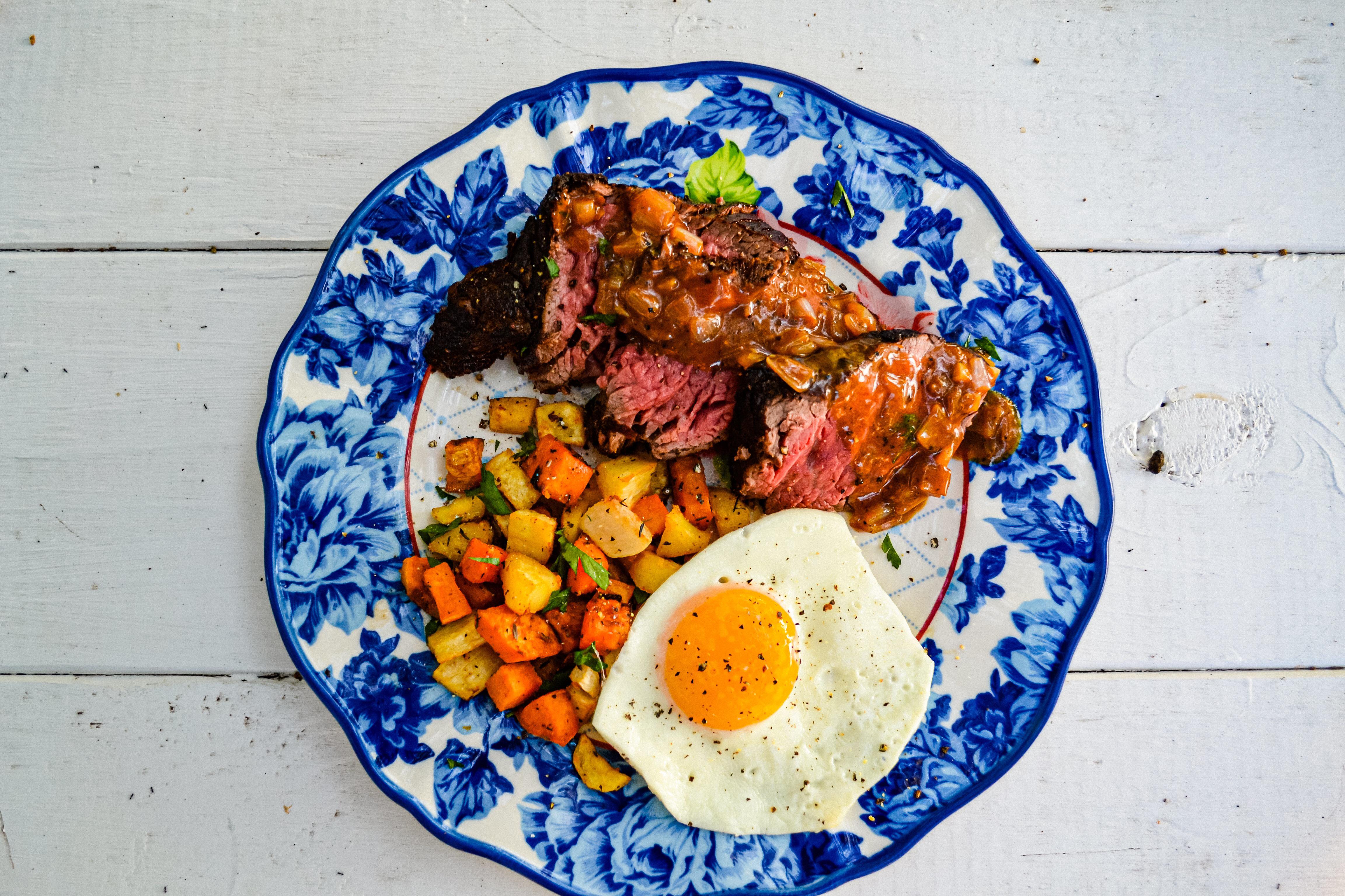 Beef Tenderloin and Root Veggie Hash with DemiGlace Pan Sauce and A