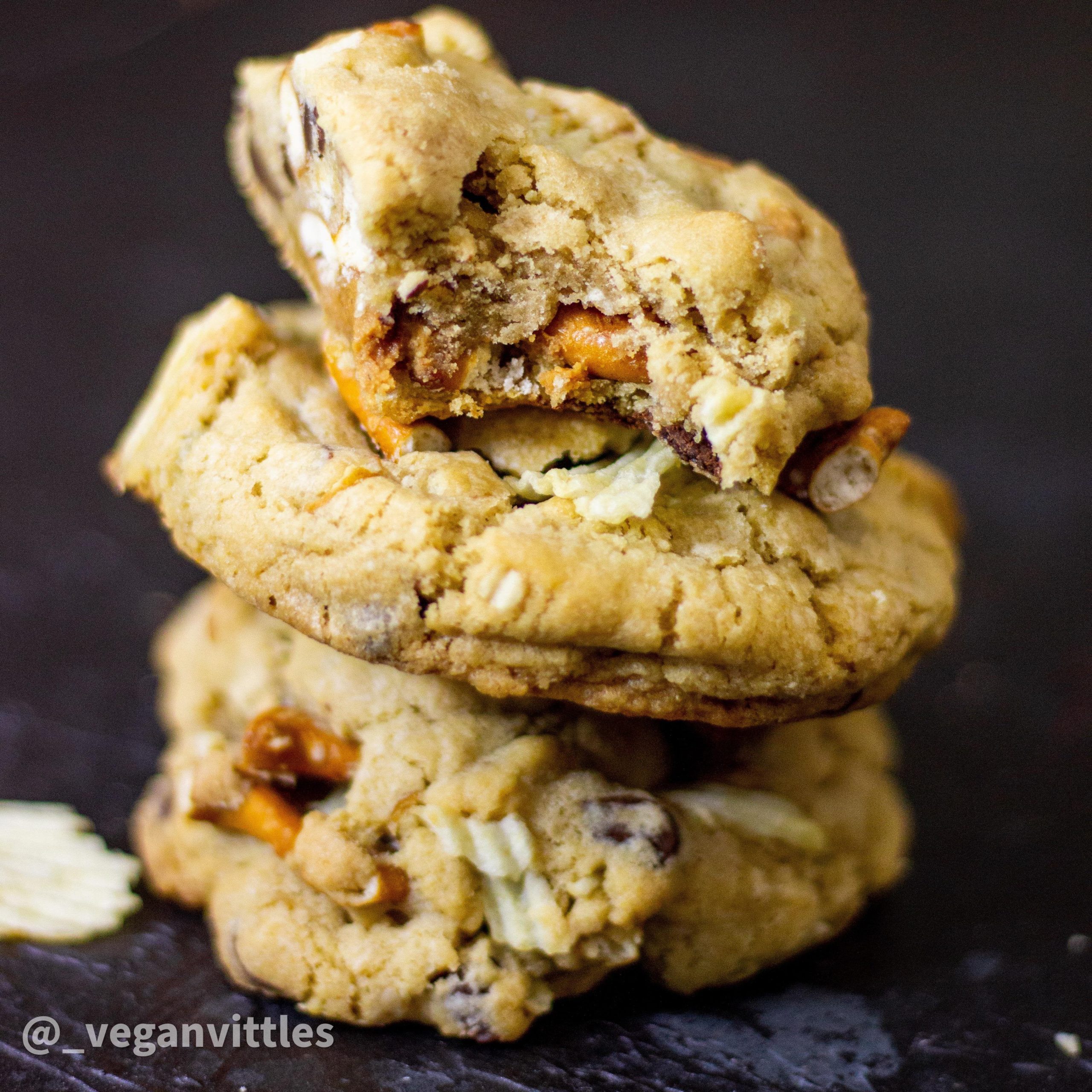 Peanut butter. Pretzels. Potato chips. Chocolate chips. In a brown