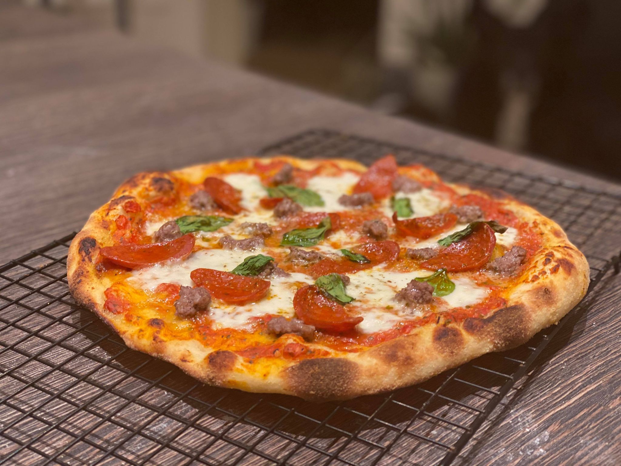 Sour dough pizza made in conventional oven with baking steel Dining