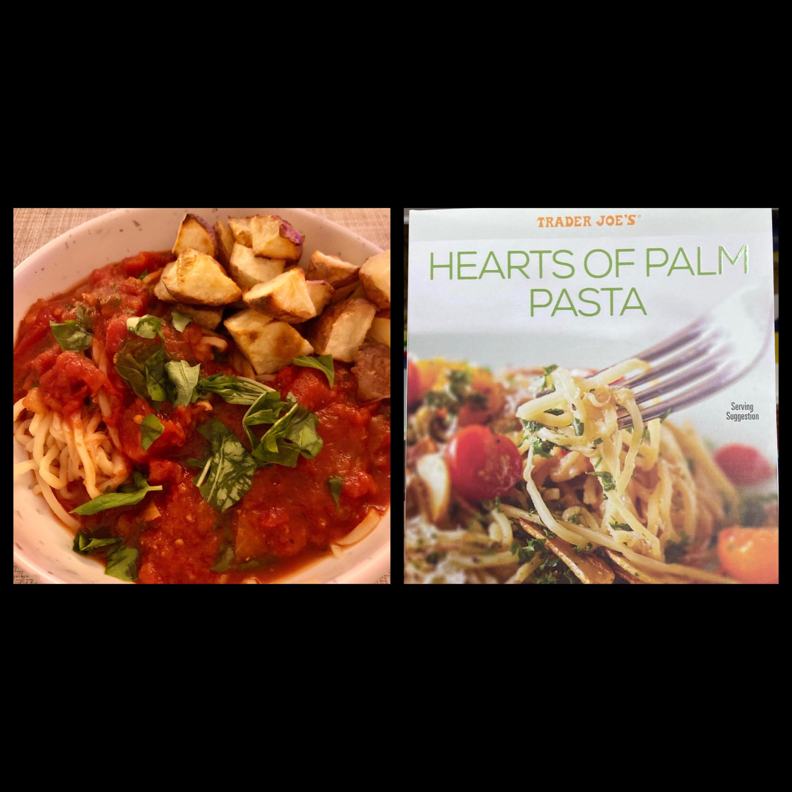 Hearts of palm pasta from TJs is AMAZING!! Served with homemade tomato