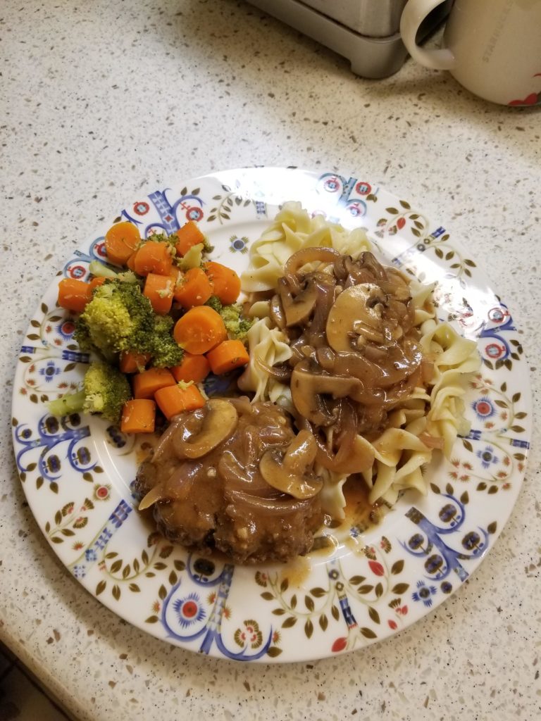 A little Salisbury steak action with egg noodles and broccoli and carrots tonight.
