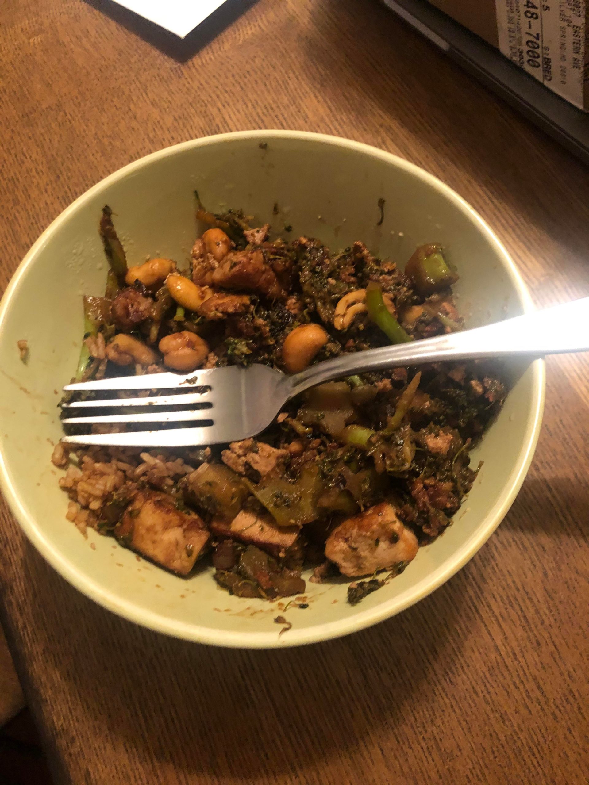 Cashew tofu (315 calories) and a half serving of brown rice (90
