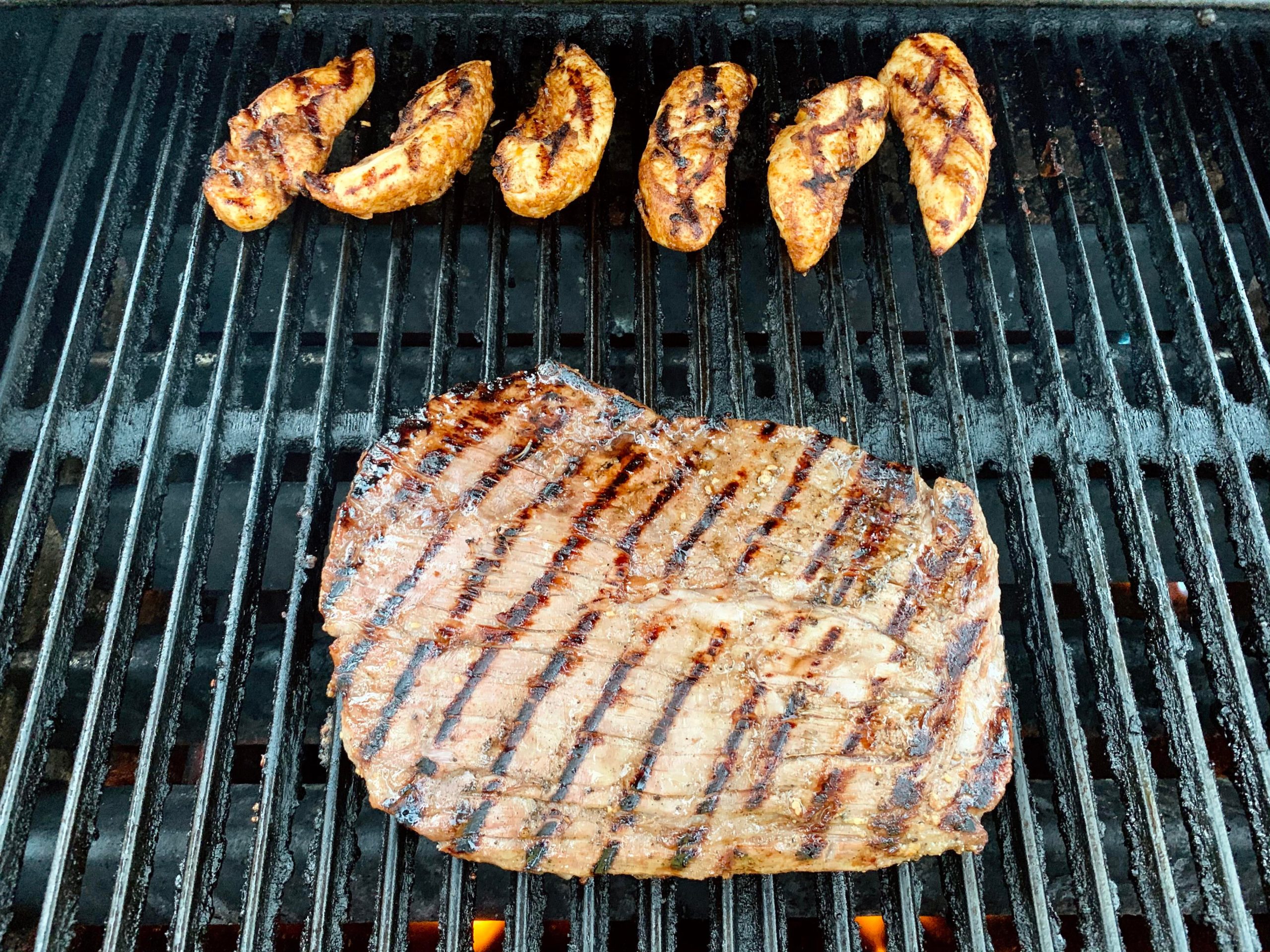 Fajitas flank steak, chicken, and griddled veggies Dining and Cooking