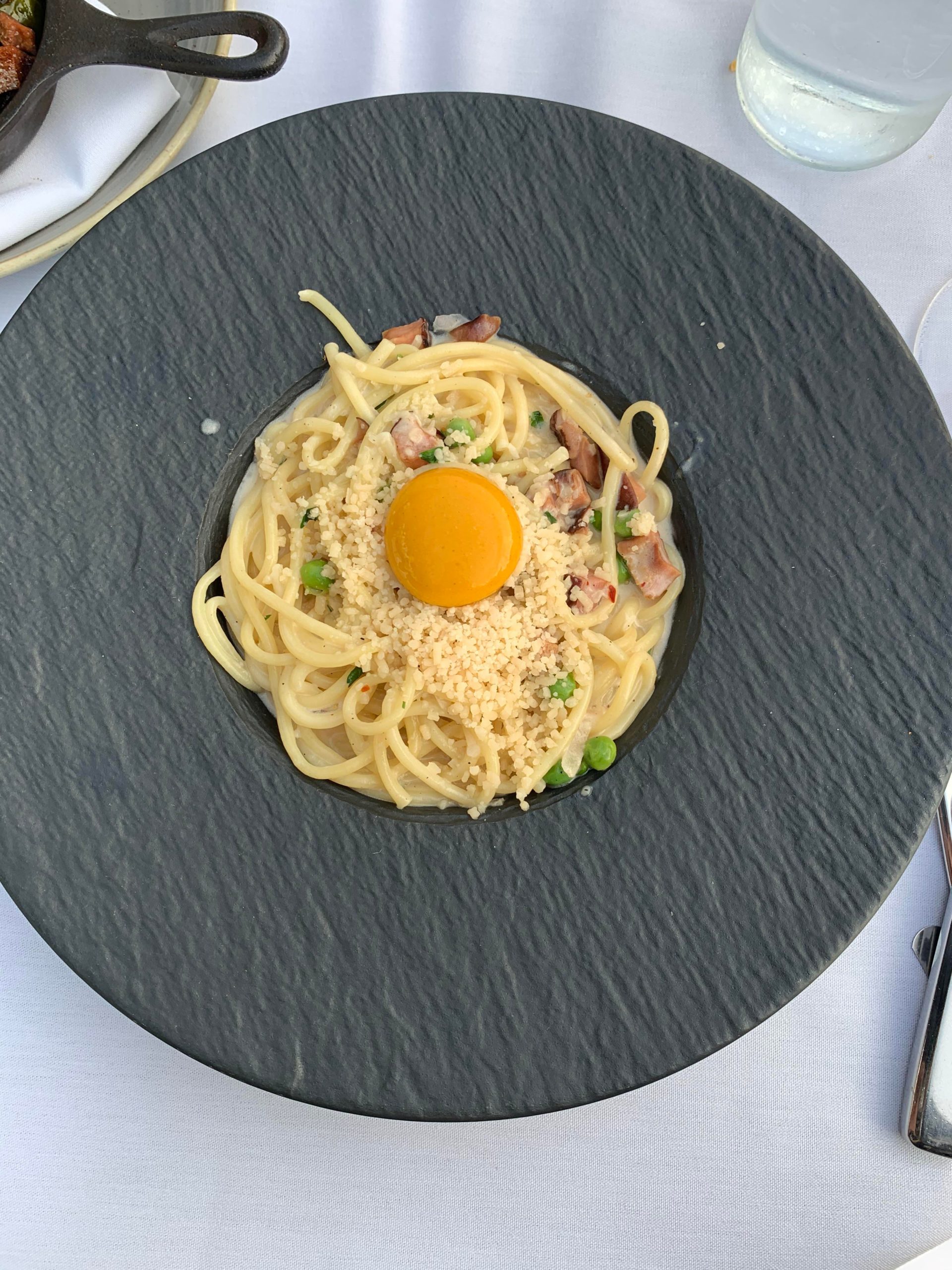 Spaghetti Carbonara from Crossroads Kitchen in Los Angeles. Dining
