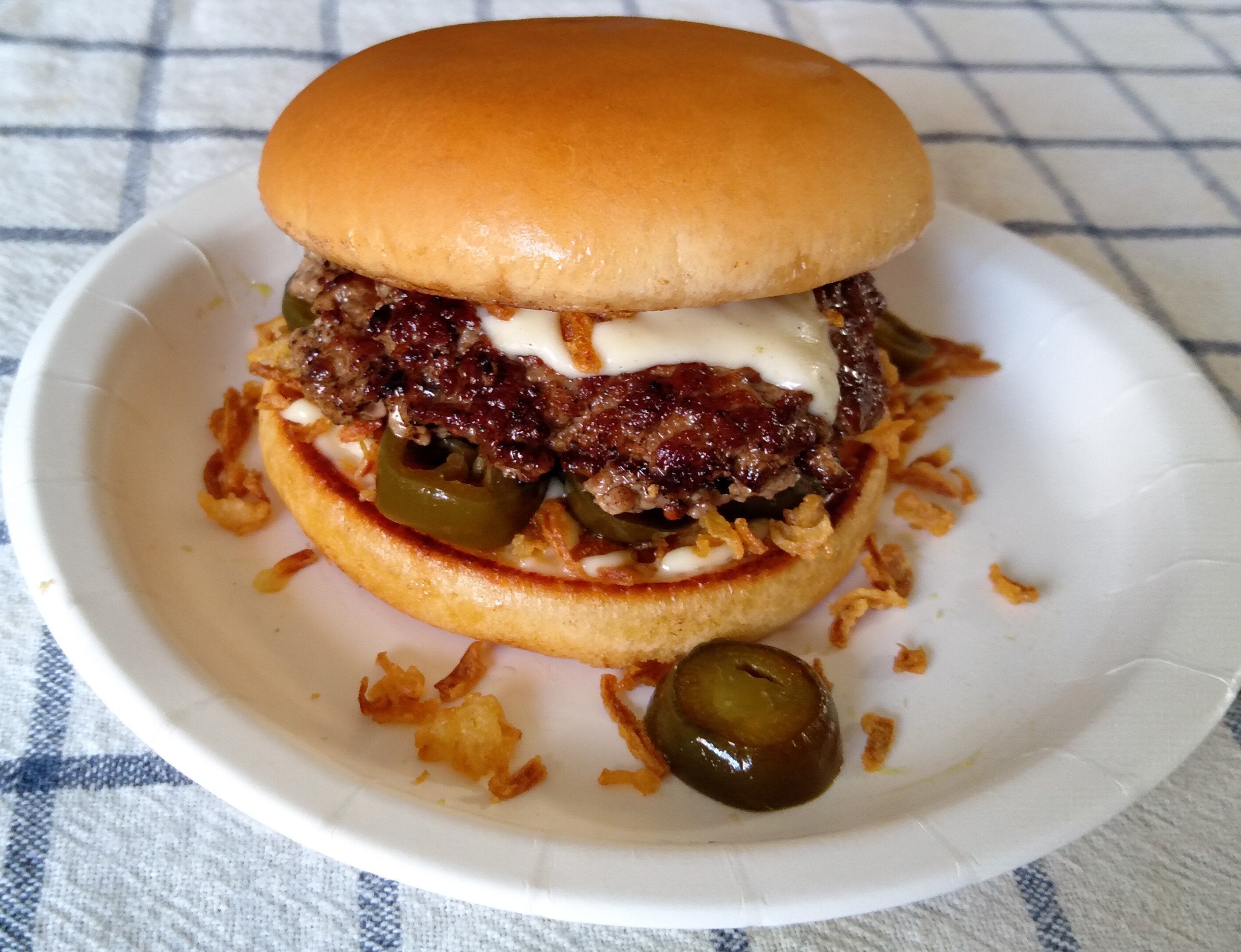 Double Smash with Jalapeños and Crispy Fried Onions. Dining and Cooking