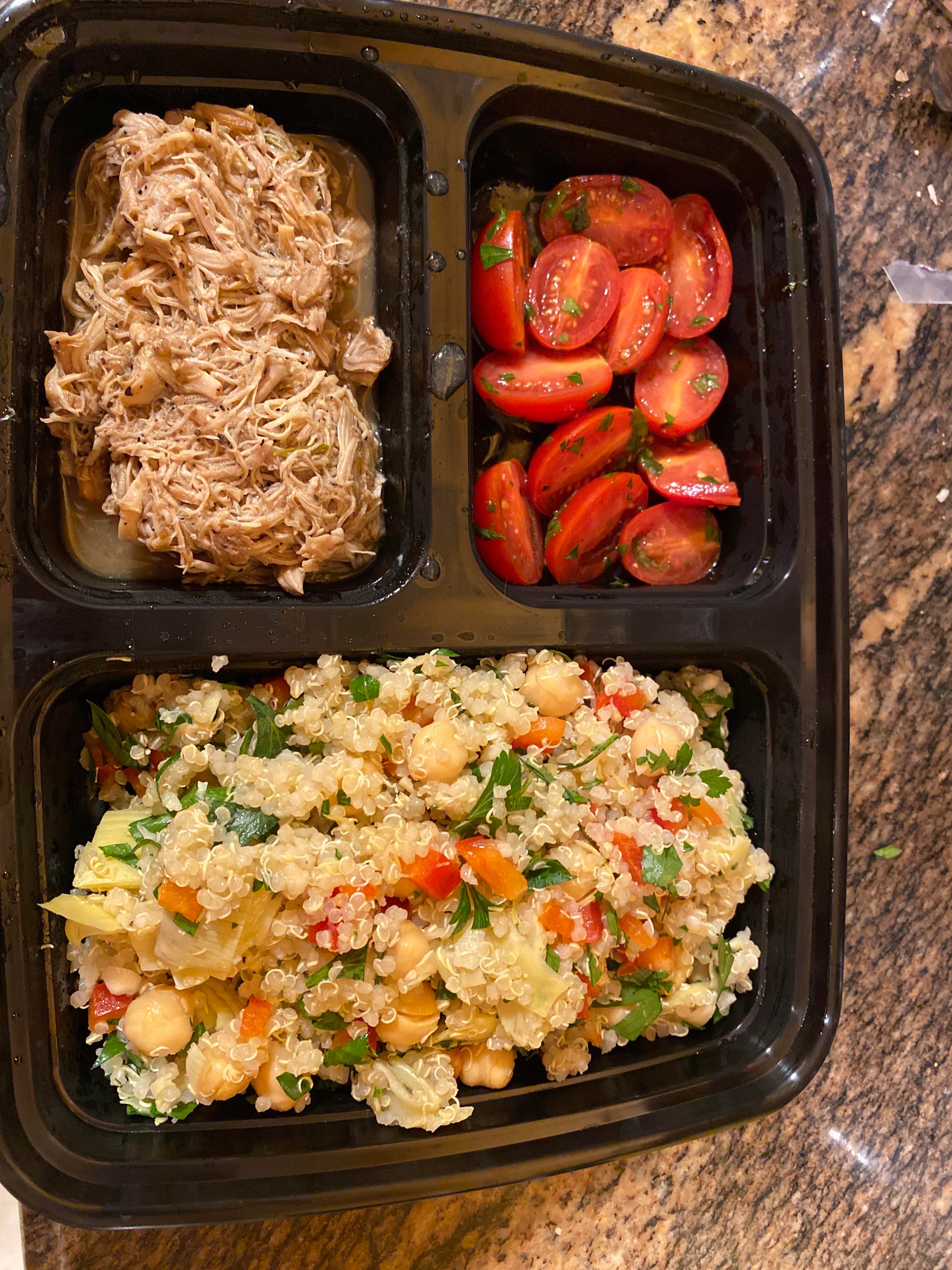 Artichoke Chickpea Quinoa Salad Balsamic Black Pepper Pulled Chicken