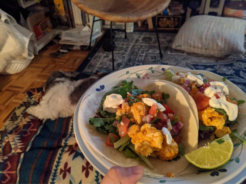 Cashew Buffalo Cauliflower Tacos from the new Oh She Glows dinner cookbook was a big win. Spicy and delicious.