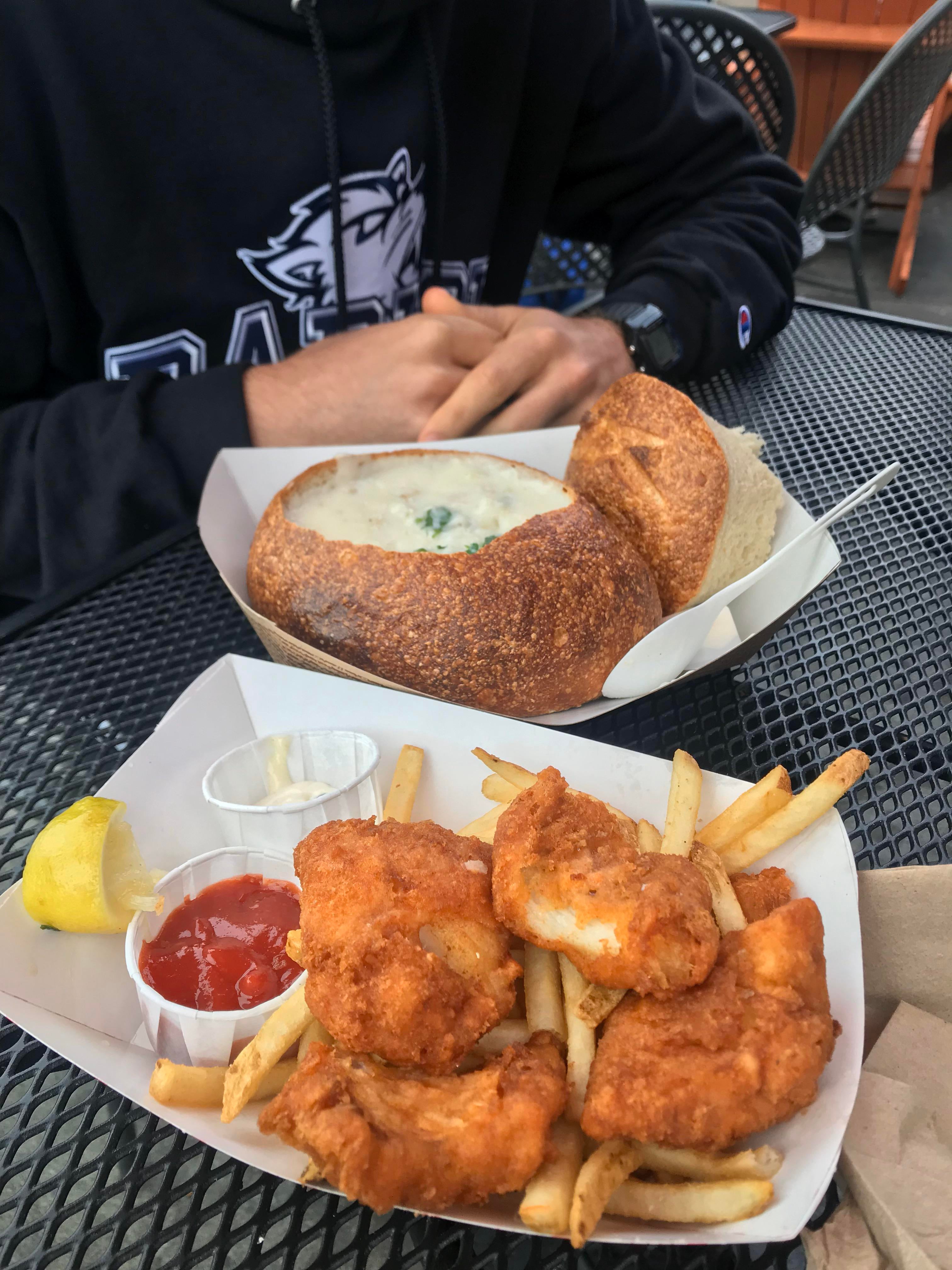 Fish & chips and clam chowder in a sourdough bread bowl at Fisherman’s