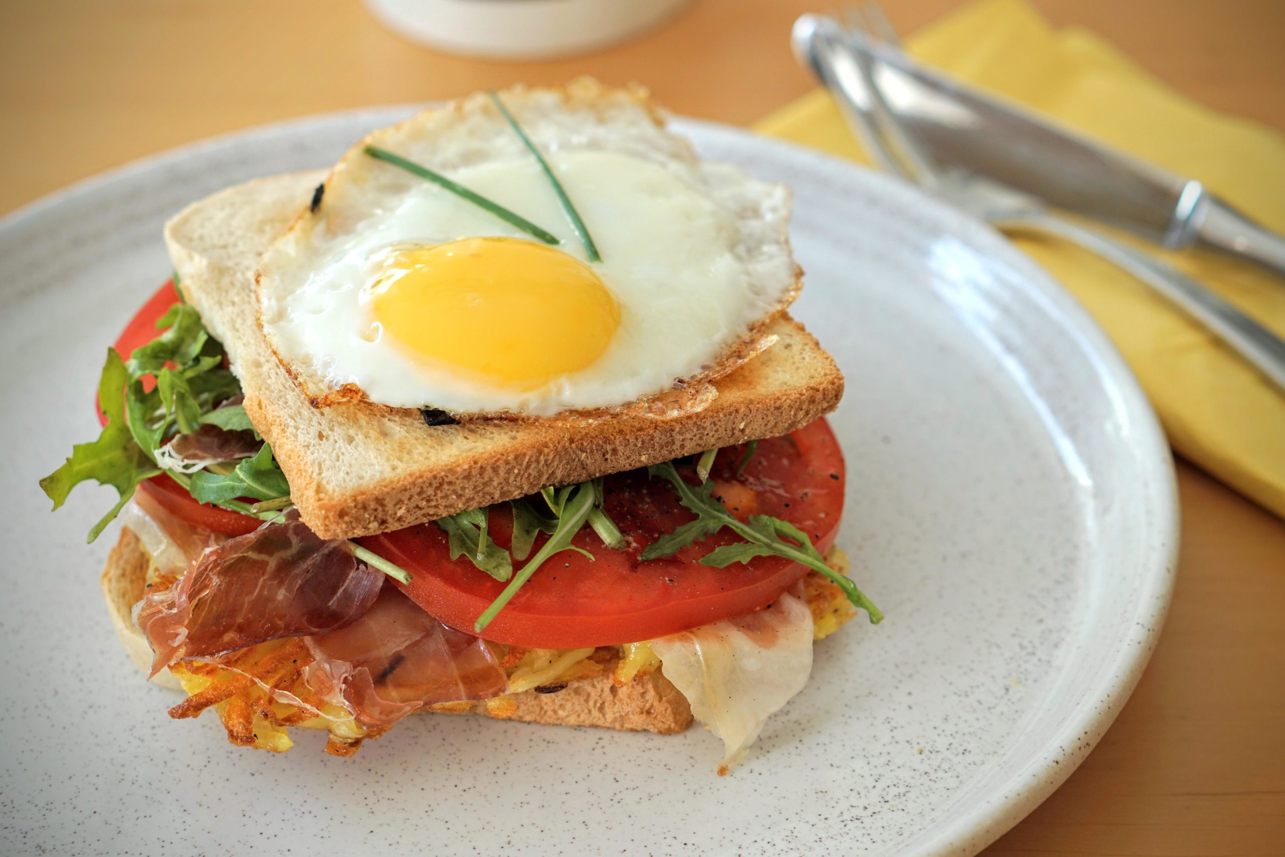Hash Brown Sandwich w/ Ham & Fried Egg - Dining and Cooking