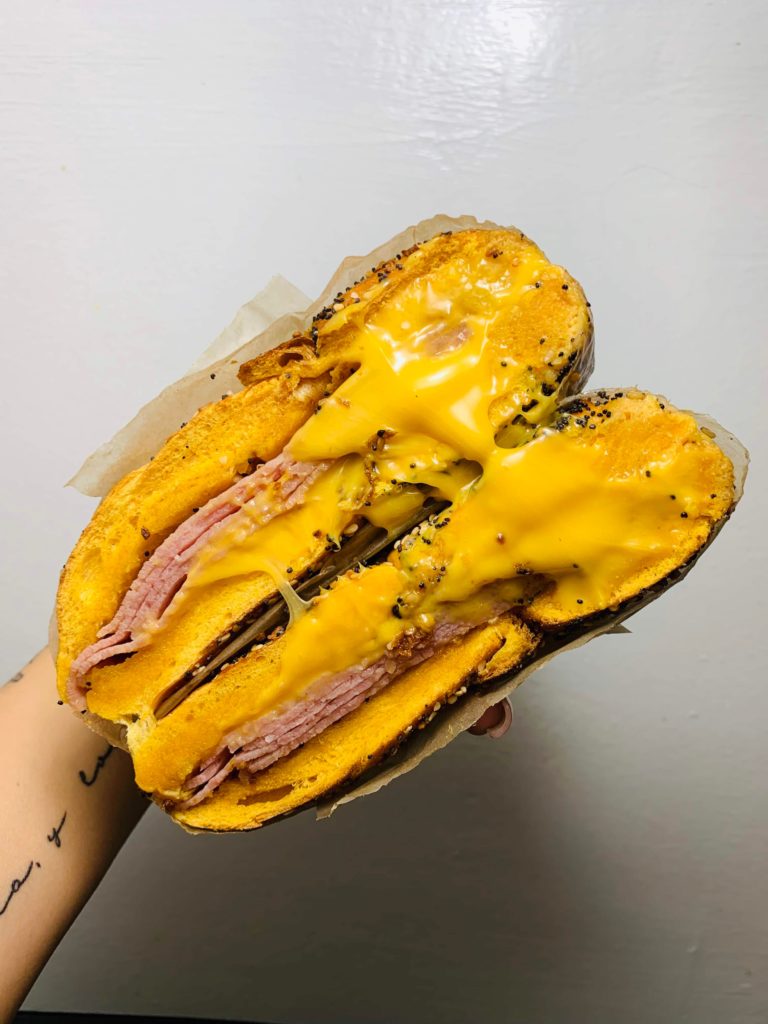 Pork roll and cheese on an everything egg bagel