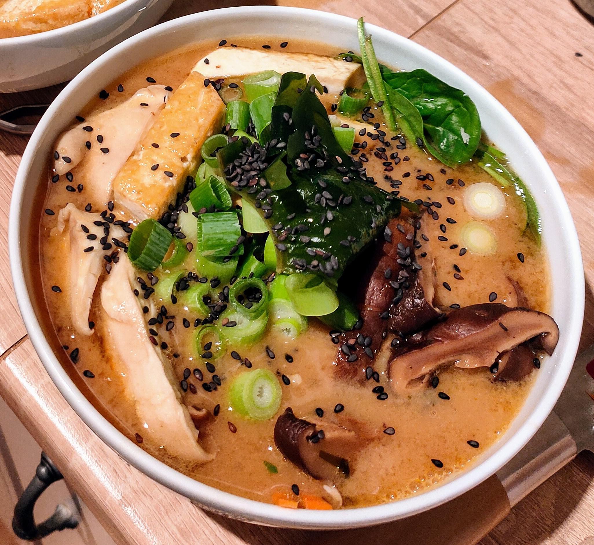 Homemade vegan Mushroom Ramen with Seaweed and Tofu Dining and Cooking