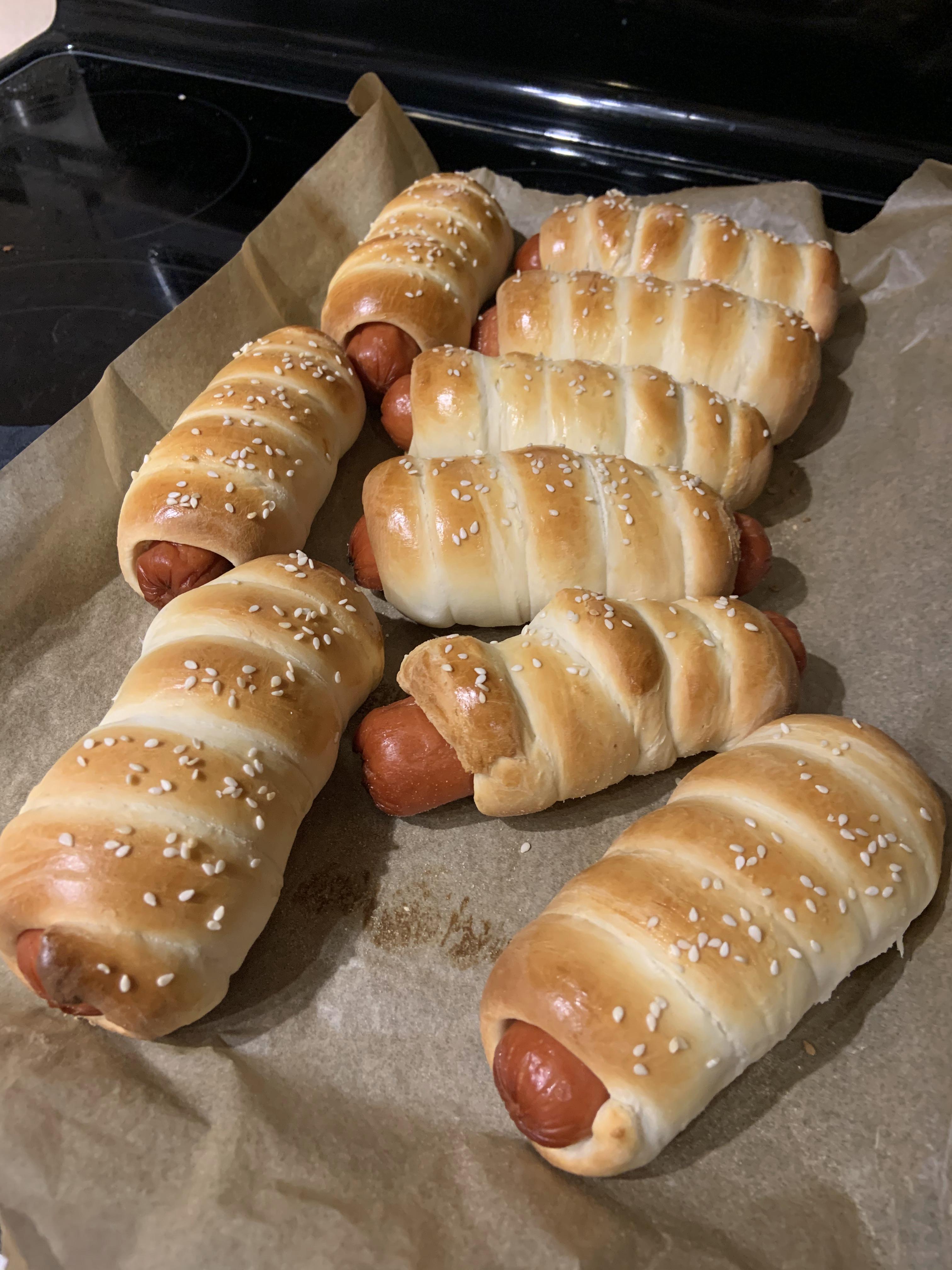 My first attempt at making Jumbo Hot Dog rolls for the week Dining