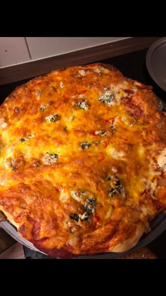 Homemade Hangover pizza with five different types of cheese