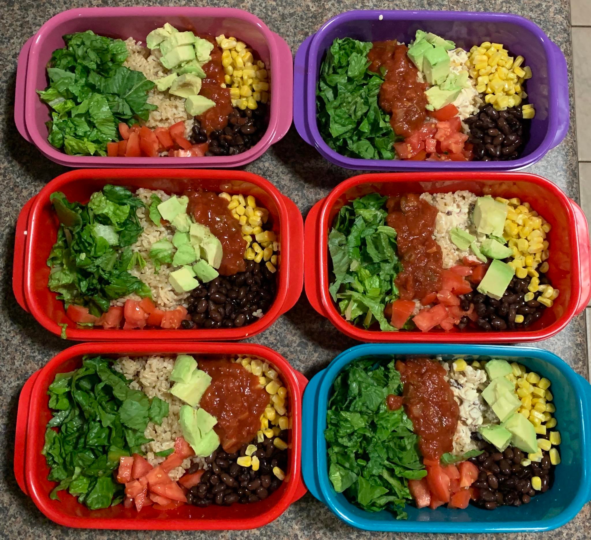 Burrito bowl meal prep! Only about 530 calories a serving (made 6