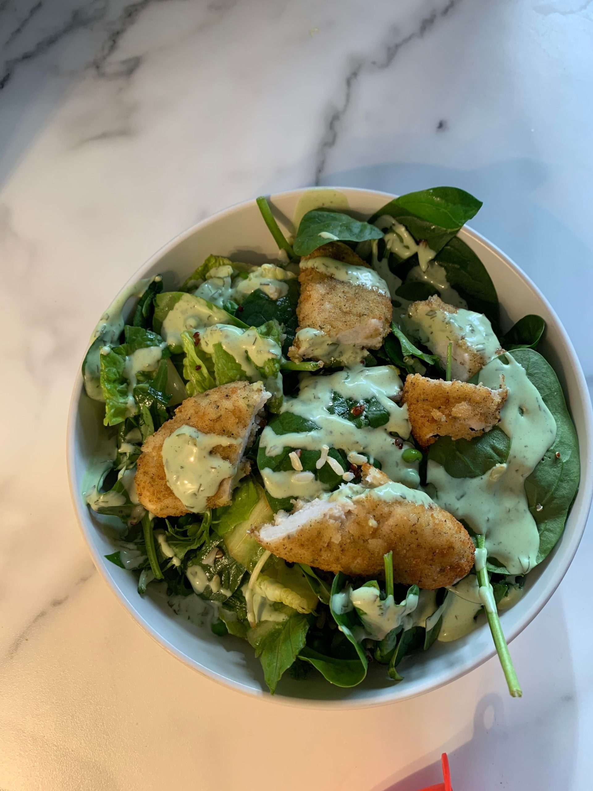 Delicious green goddess salad with chicken tenders. 539 calories
