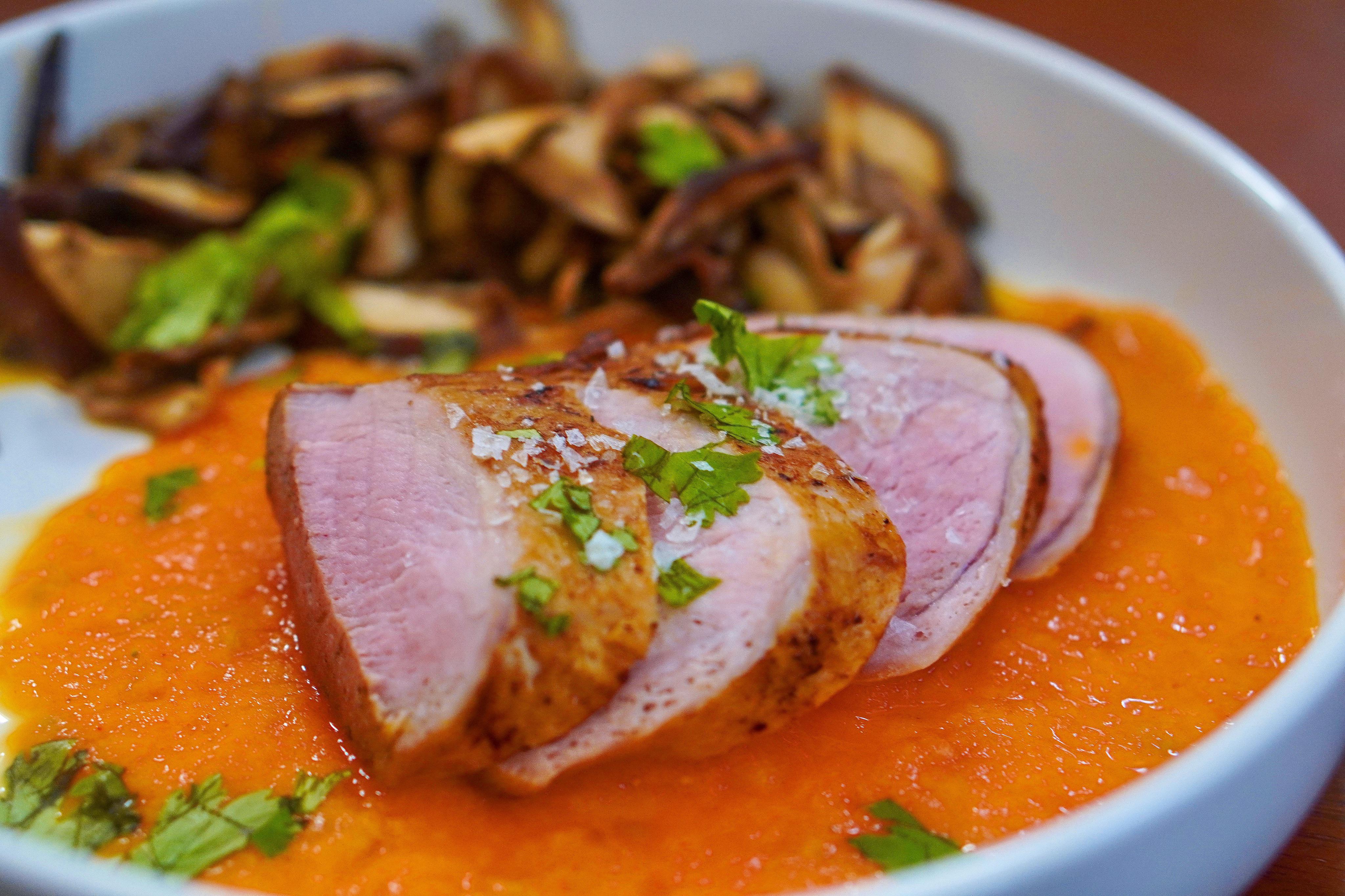 Pork Tenderloin, Roasted Tomato Jus, Roast Shiitake Mushrooms. No bag