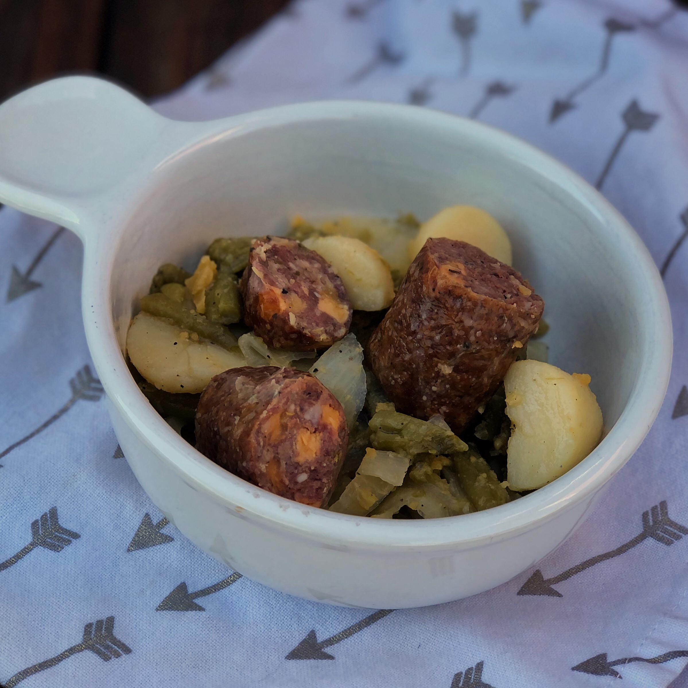 Jalapeño Cheddar Venison Sausage with Green Beans, Potatoes & Onions