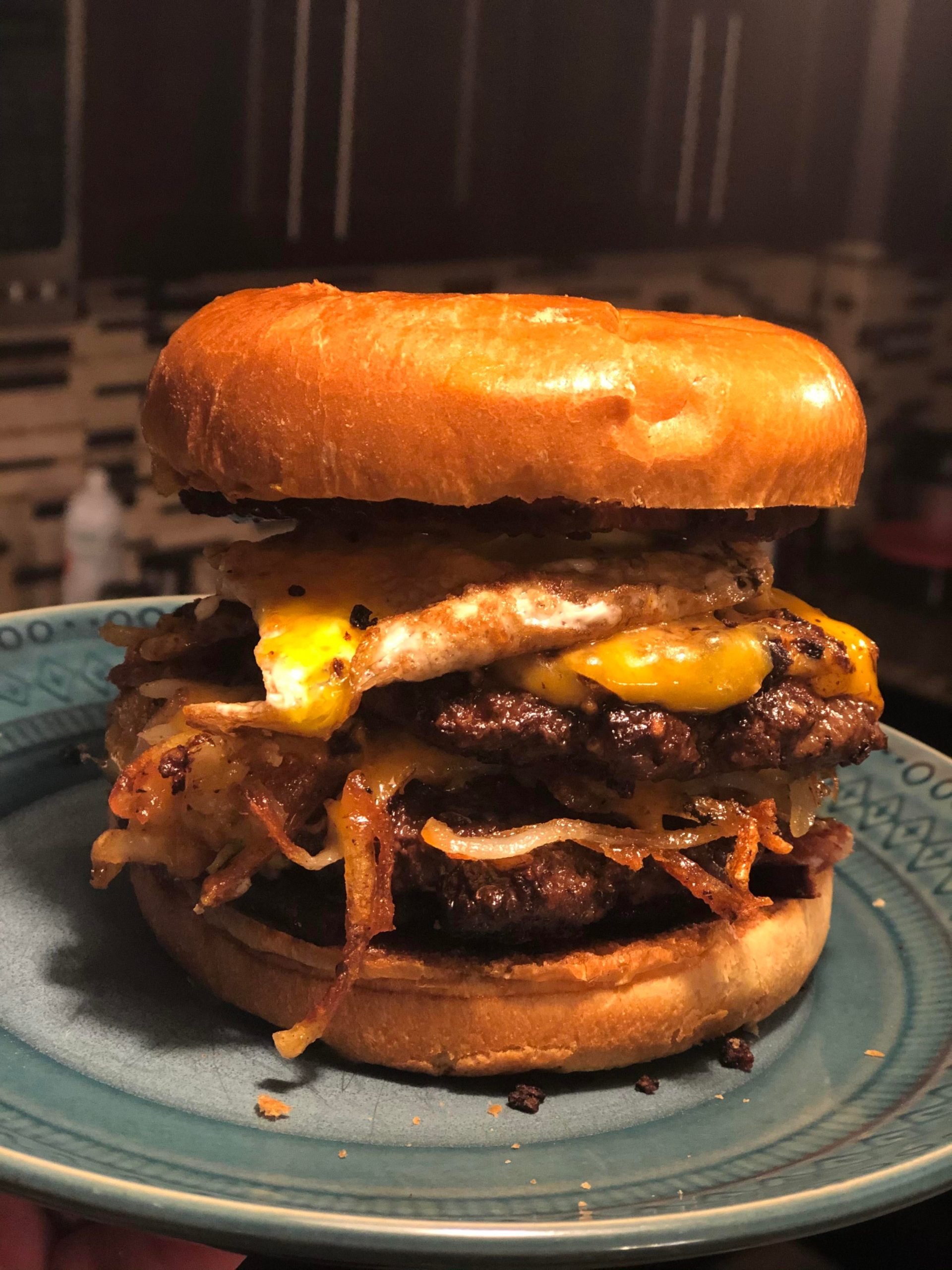 Double smash breakfast burger with egg, hash browns, bacon and cheese