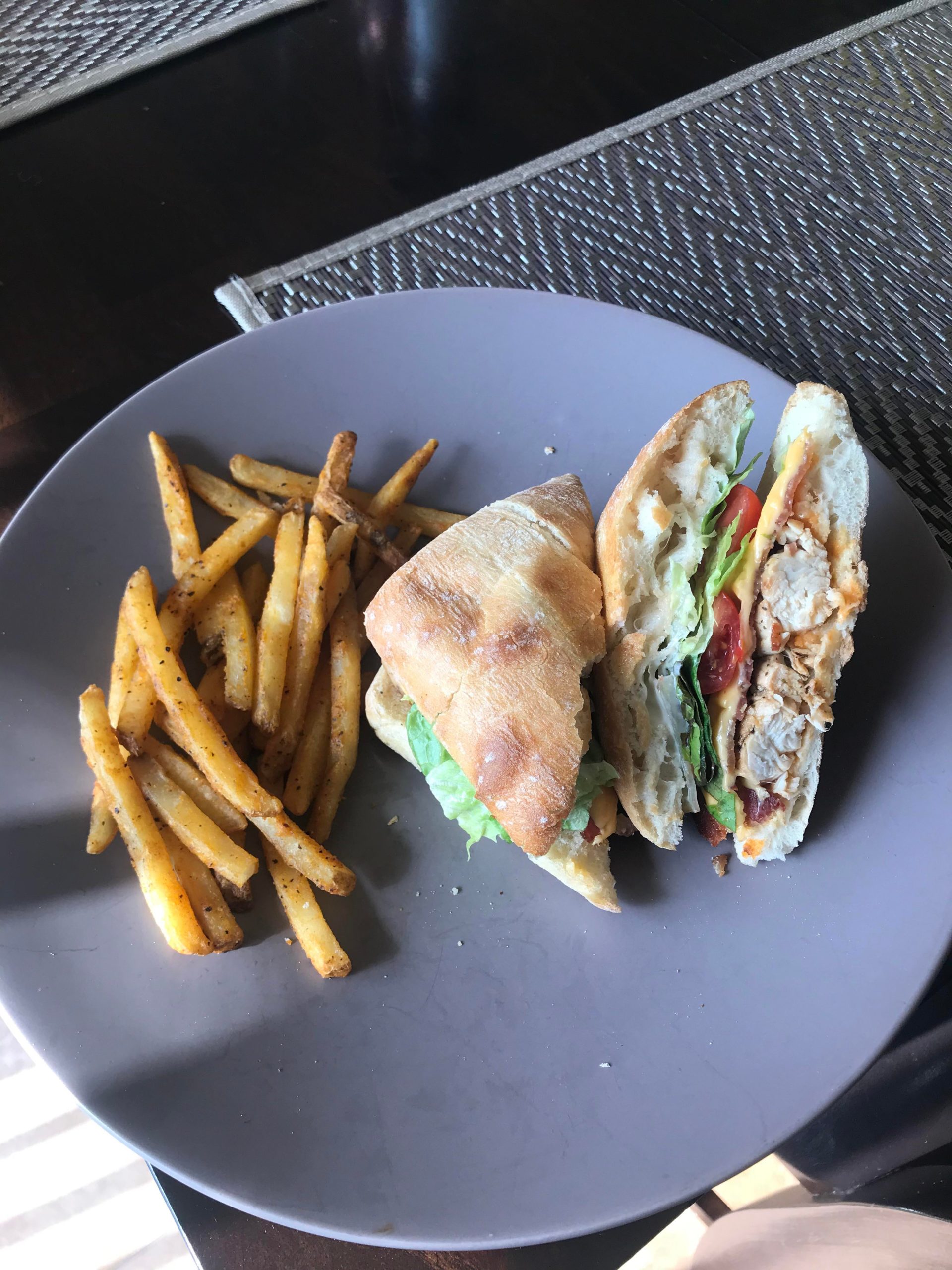 Grilled chicken, bacon, lettuce, tomato, cheese + ranch on a ciabatta