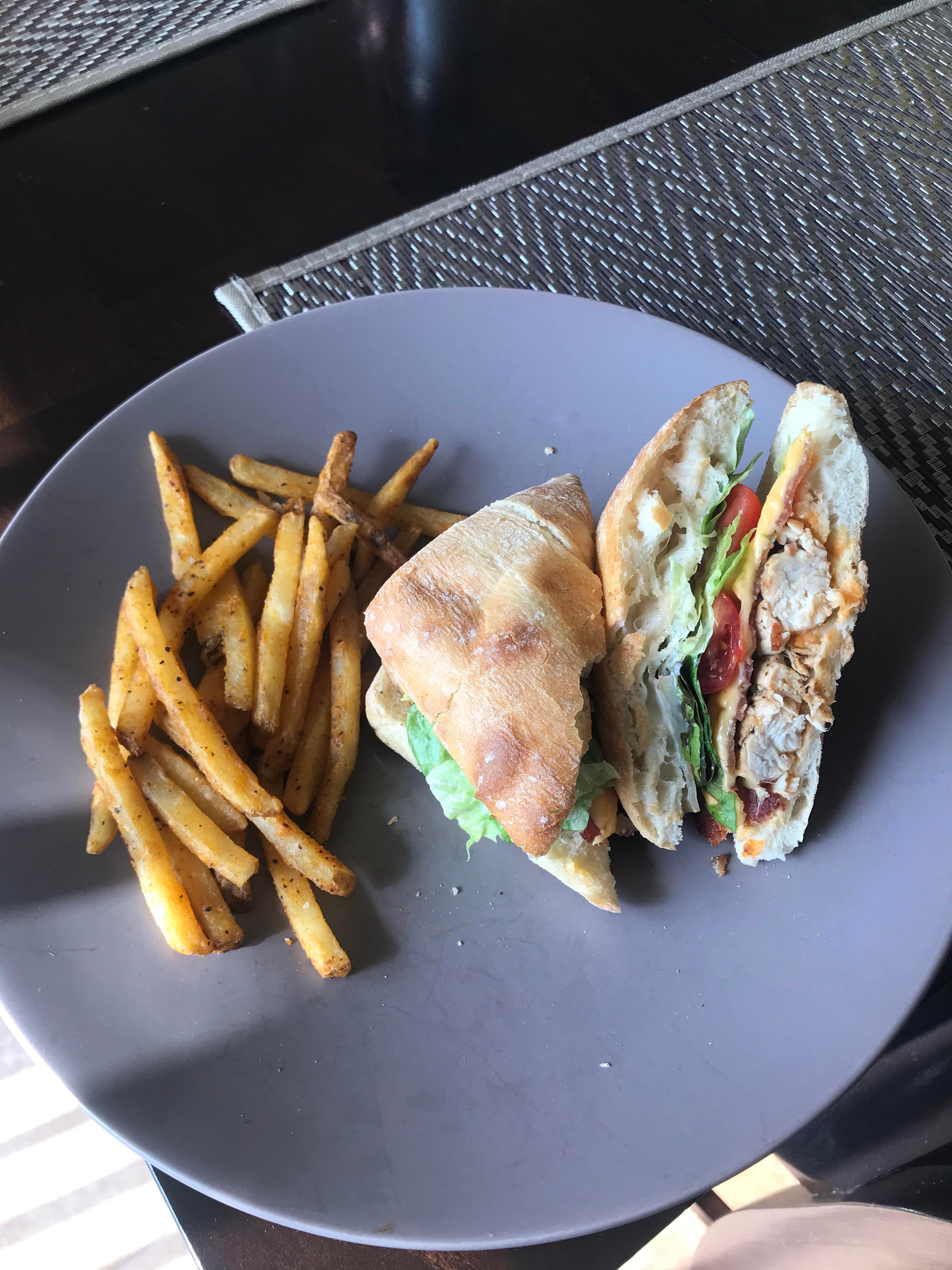 Grilled chicken, bacon, lettuce, tomato, cheese + ranch on a ciabatta