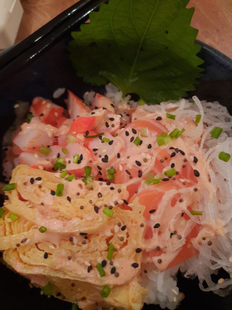 Somewhere between a don and a poke bowl. Salmon, crab legs, and tamago on sushi rice with sriracha and ponzu mayo (more tasty than photogenic, admittedly).