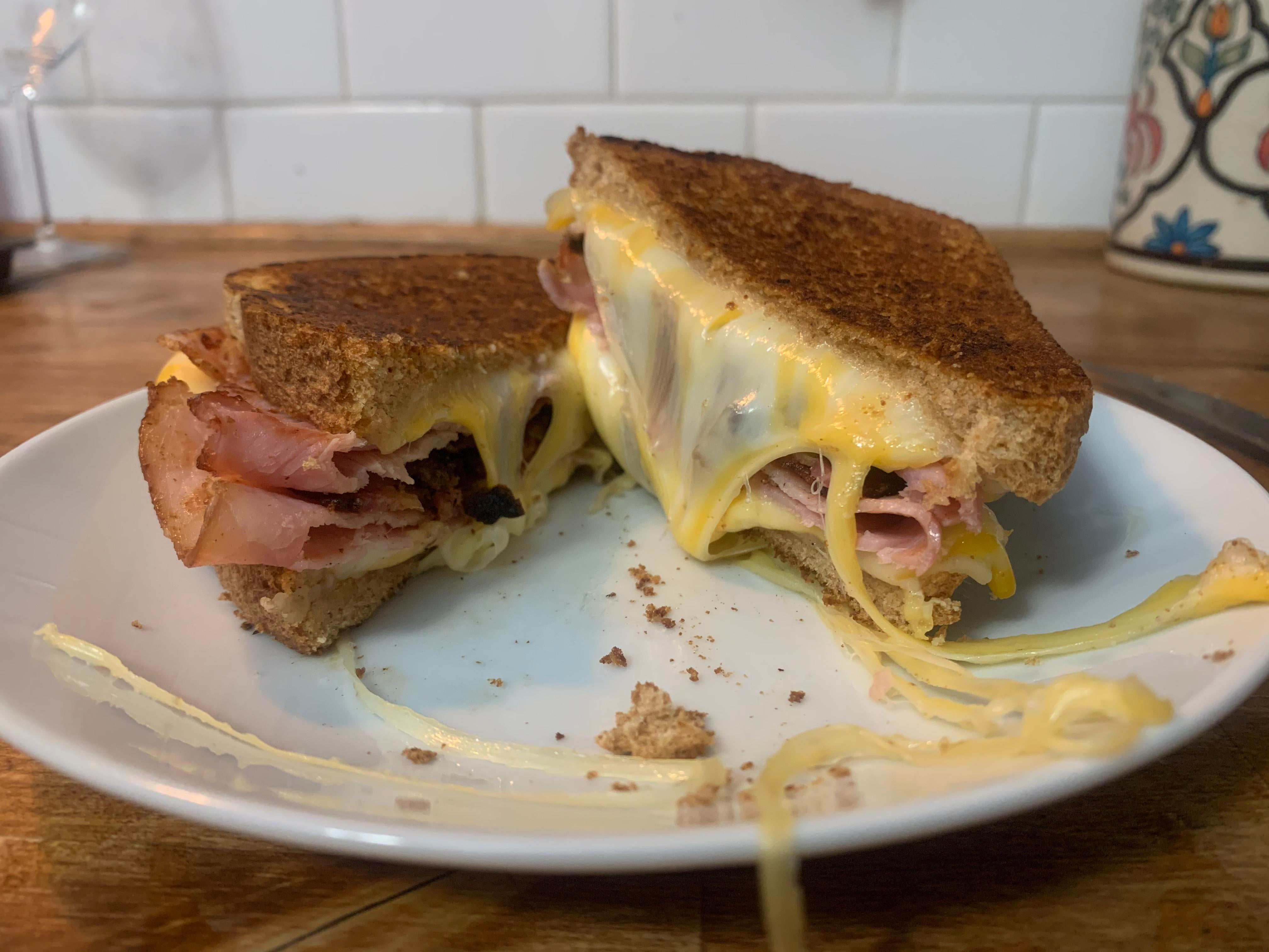 my colby jack, provolone, and white cheddar with ham and bacon Dining