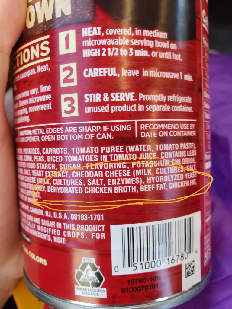 Just bought some Campbell's Chunky savory vegetable soup for a lazy dinner. NOT VEGETARIAN >:(